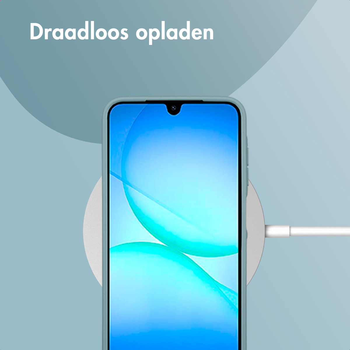Smartphone with blue screen charging on a wireless charger. White cable connects charger. Text 'Draadloos opladen' above.