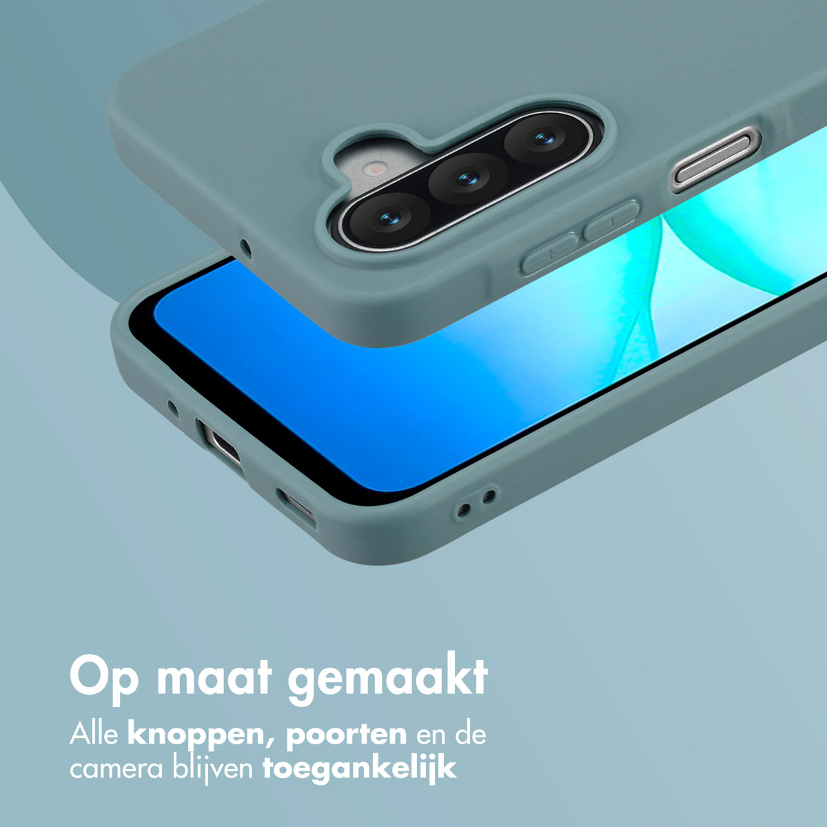 Een teal telefoonhoesje is lichtjes open, met het scherm zichtbaar. De hoes heeft uitsparingen voor camera en knoppen.