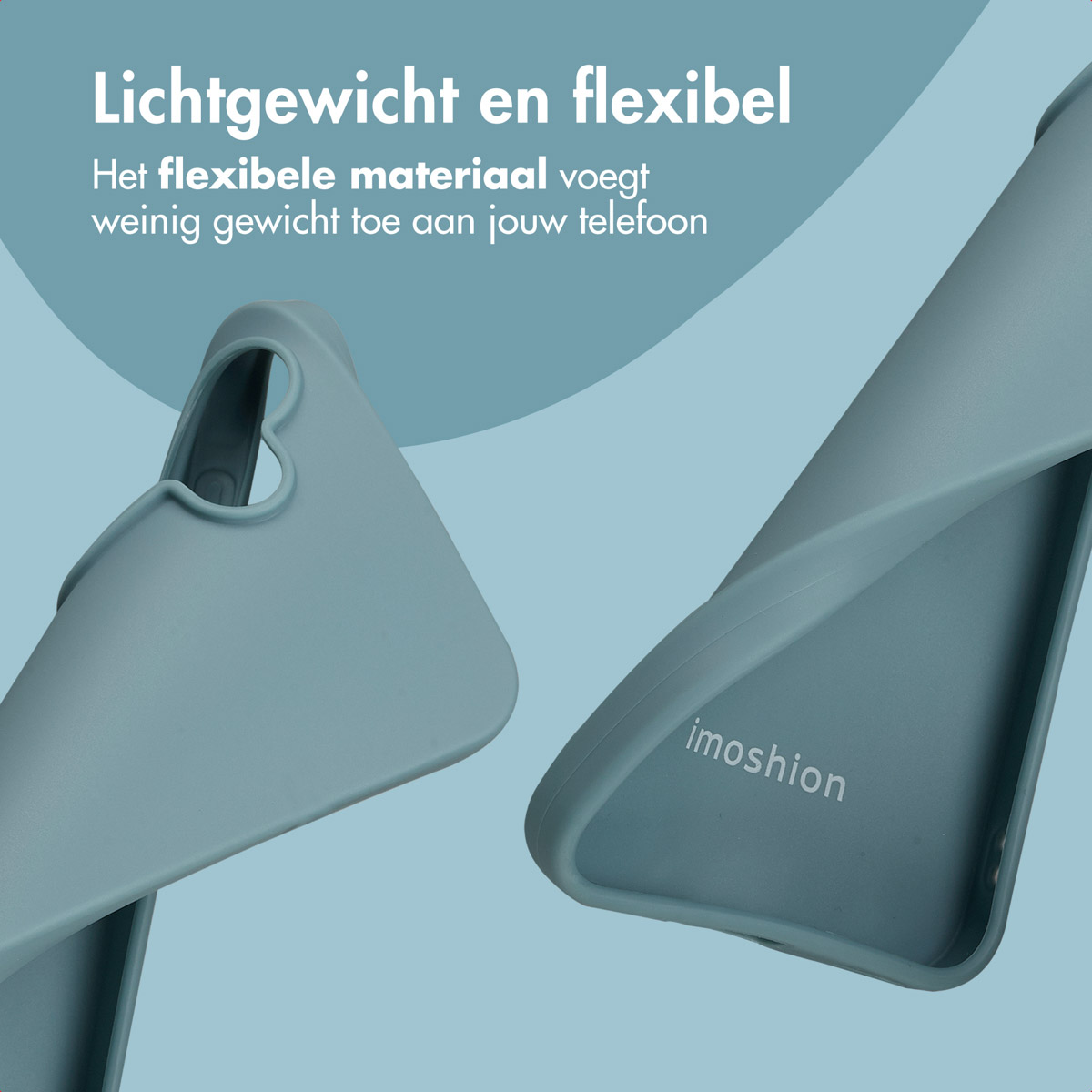 Twee blauwgroene telefoonhoesjes worden getoond, één met een lus en de andere met de merknaam Imoshion.