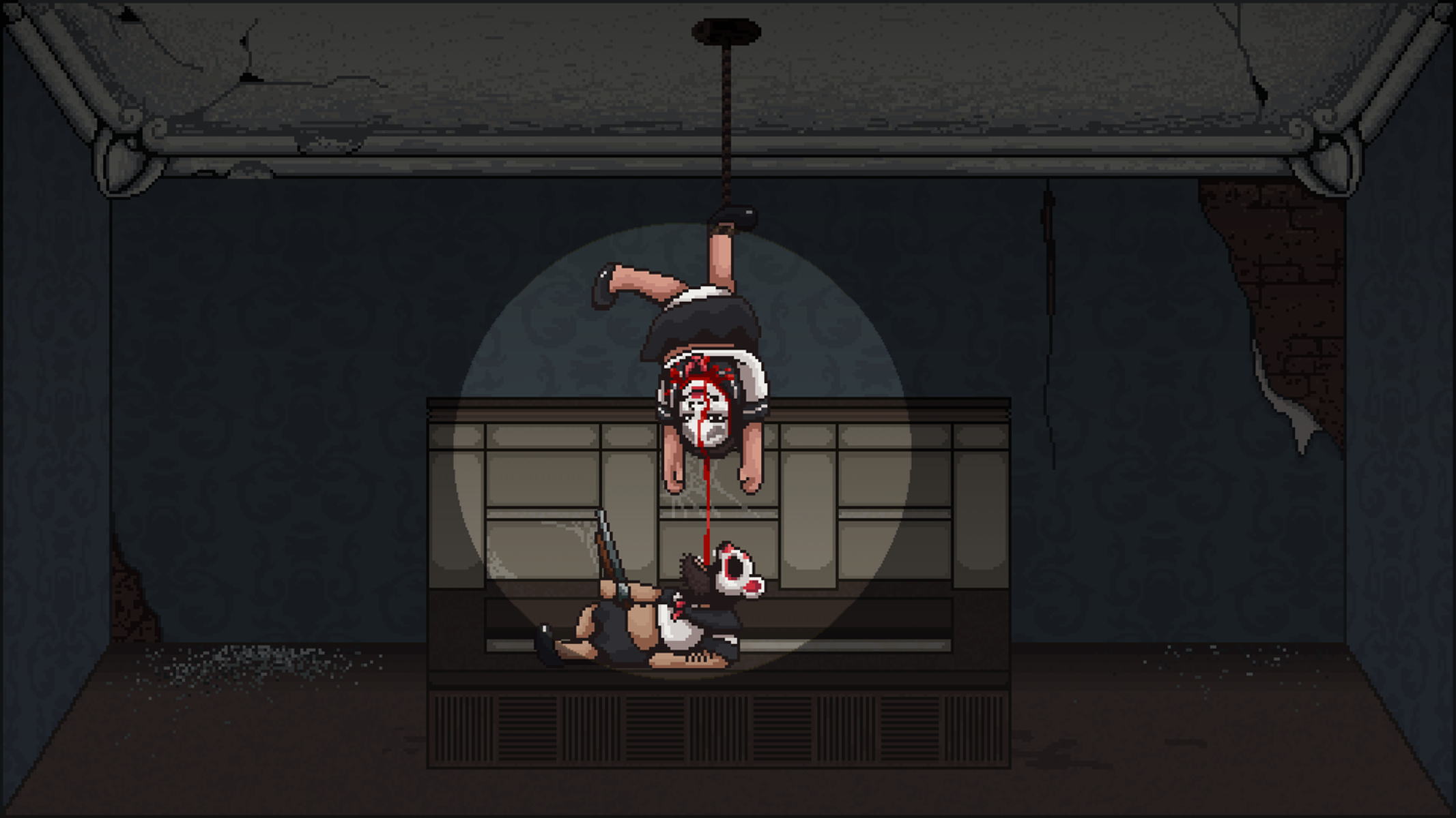 Una scena pixelata mostra una figura appesa con il volto insanguinato sopra un'altra figura su un mobile, con sangue che gocciola.