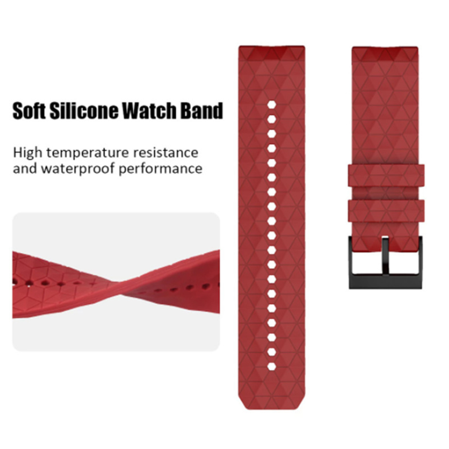 Ein rotes Uhrenarmband mit geometrischem Muster. Es hat mehrere Löcher zur Anpassung und eine schwarze Schnalle. Text: Weiches Silikon-Uhrenarmband.