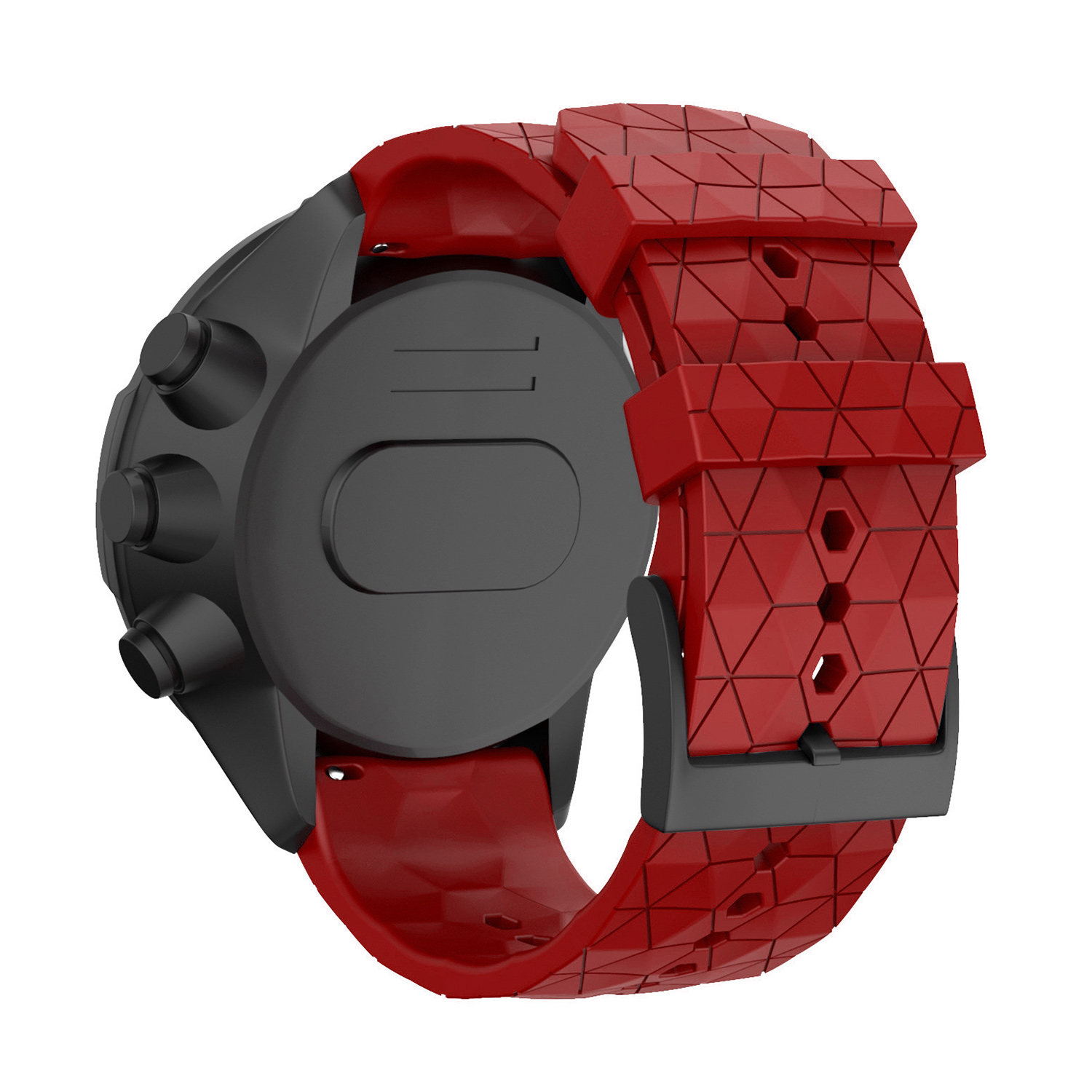 Eine schwarze Smartwatch mit rotem Armband. Das Armband hat ein geometrisches Design und wird mit einer schwarzen Schnalle befestigt.