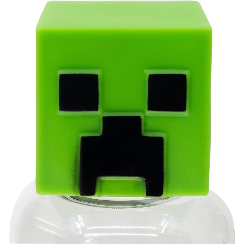 Una cabeza verde de Creeper de Minecraft encima de un tarro de cristal transparente. El Creeper tiene ojos y boca cuadrados negros.