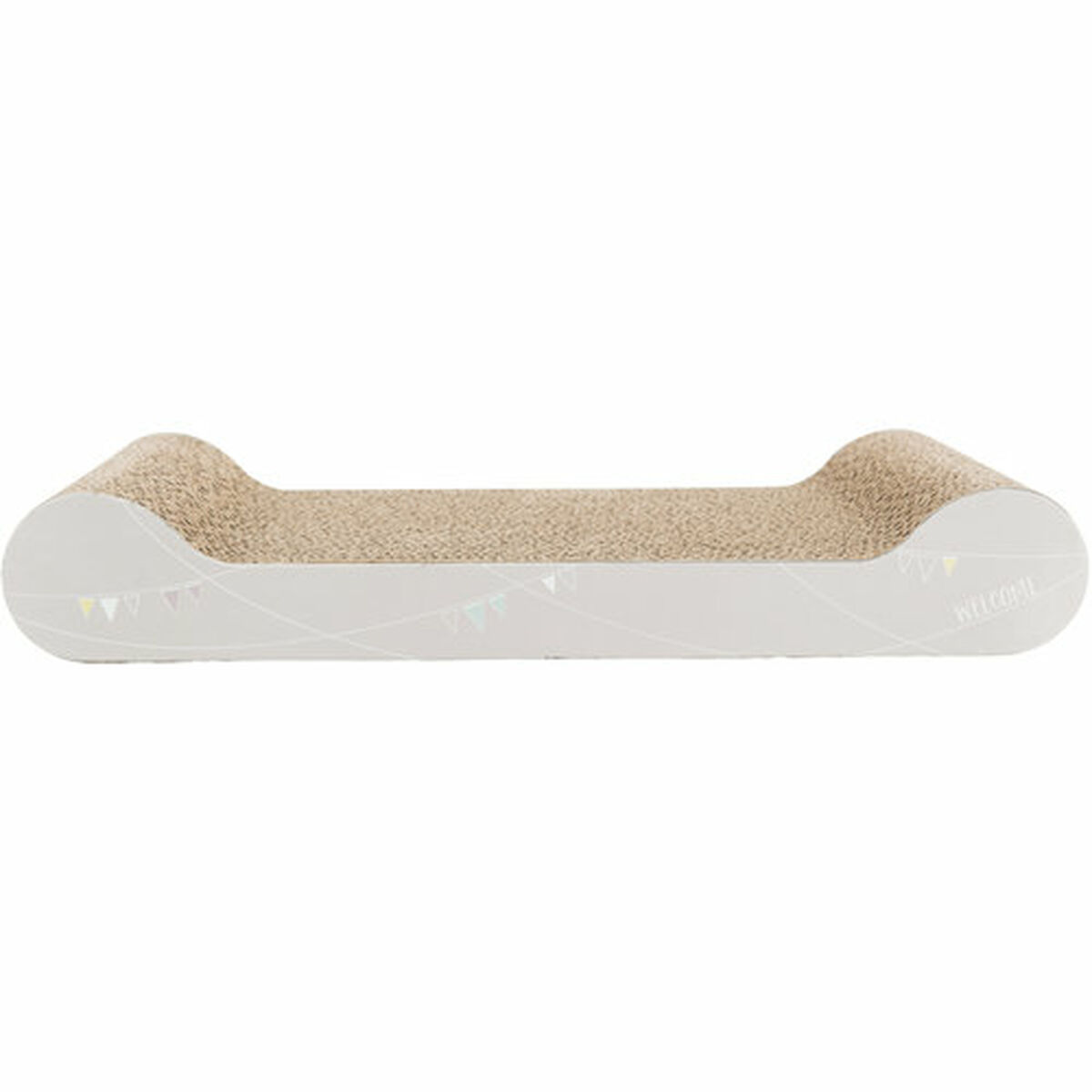 Un rascador para gatos con superficie para rascar beige y lados blancos. Decorado con pequeños triángulos y la palabra 'WELCOME'.