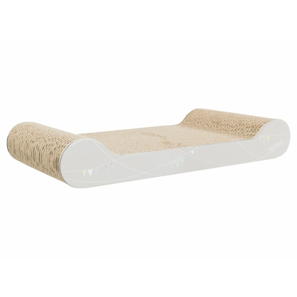 Un rascador para gatos con forma de cama. Está hecho de cartón y tiene una base blanca con decoraciones de banderines.