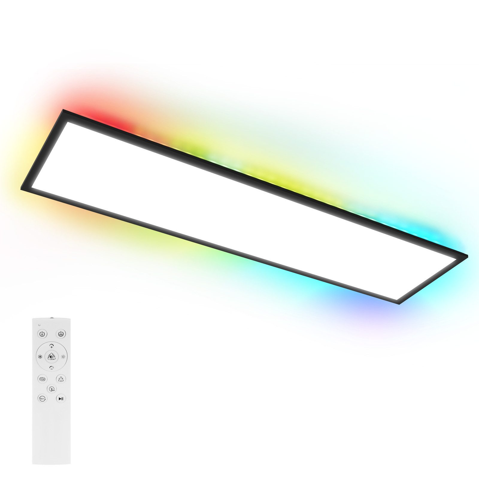 Una luce a LED rettangolare con cornice nera e colori arcobaleno. Un telecomando si trova sotto.