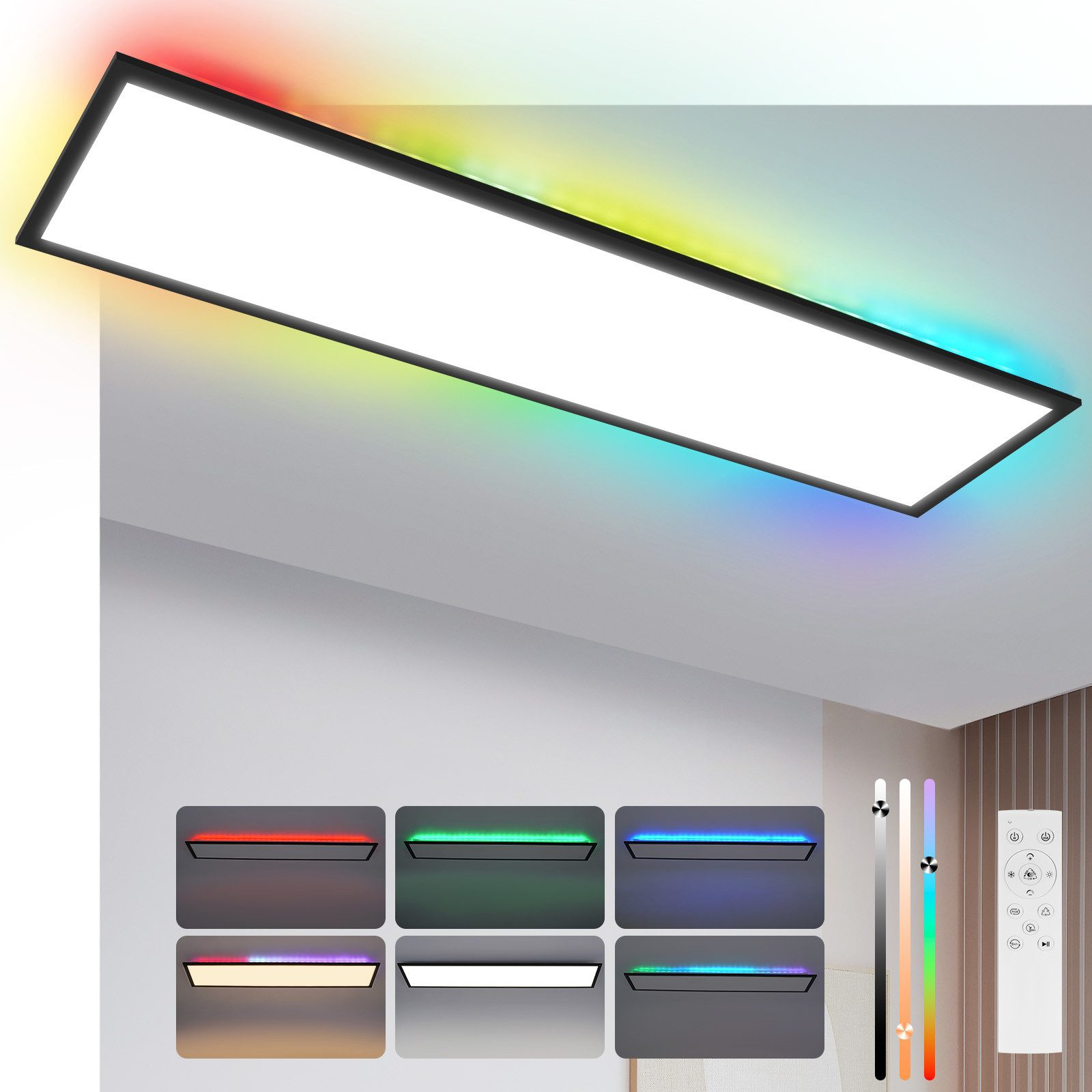 Una plafoniera rettangolare con strisce LED a cambio colore. Ha un telecomando e varie opzioni di colore.