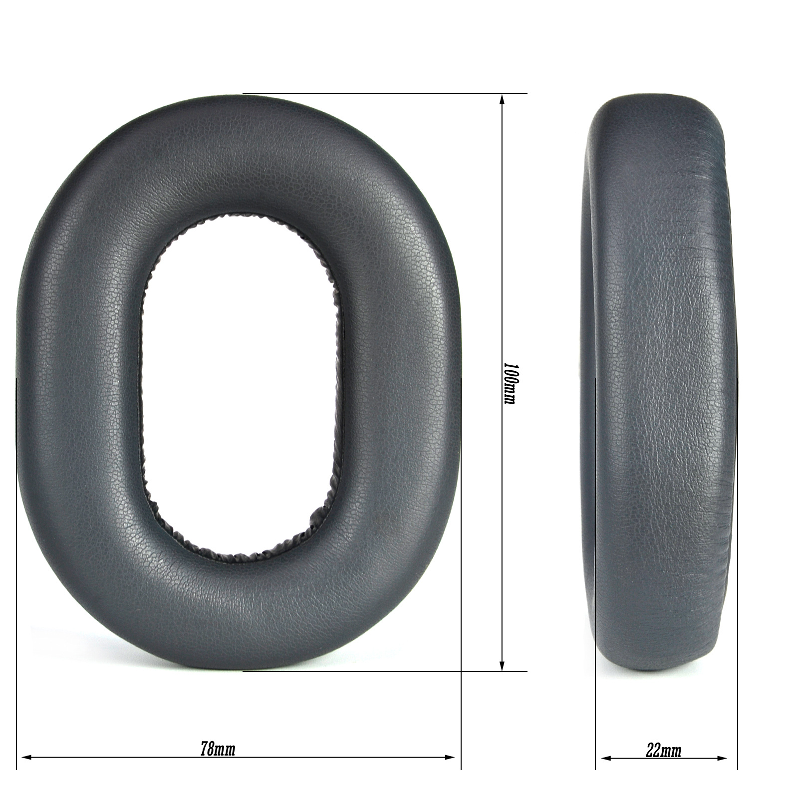 Ciemnoszara nausznica, w kształcie pierścienia, z widokiem z boku. Wymiary są oznaczone: 100mm, 78mm i 22mm.