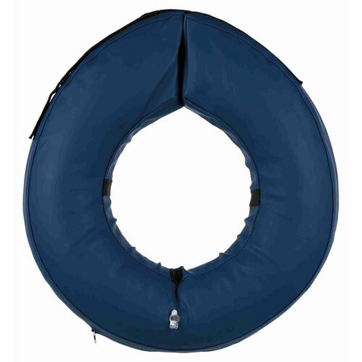 Un tutore per il collo gonfiabile blu scuro con un design circolare. Ha una cerniera nera e si trova su uno sfondo bianco.