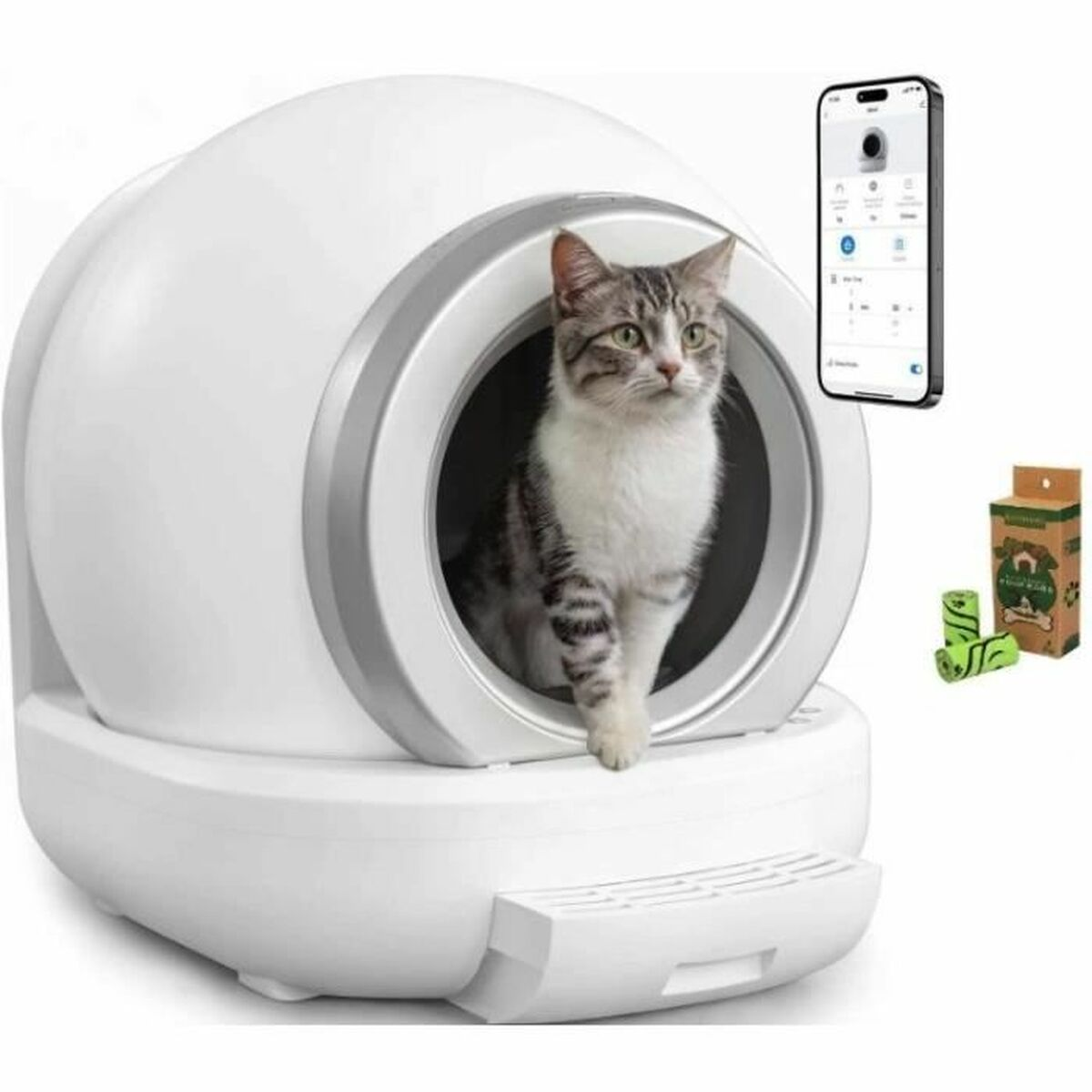 Eine Katze sitzt in einer weißen Katzentoilette. Ein Telefon zeigt eine App-Oberfläche. Grüne Müllsäcke und eine Box sind ebenfalls vorhanden.
