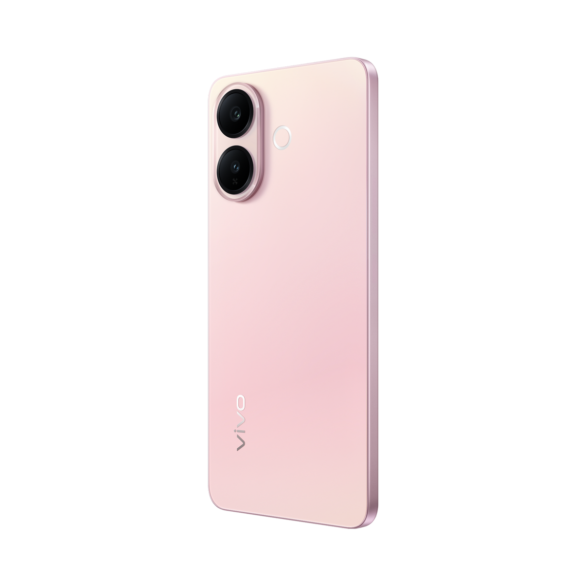 Różowy smartfon z dwoma aparatami i okrągłą lampą błyskową. Telefon jest na czarnym tle. Nazwa marki na dole.