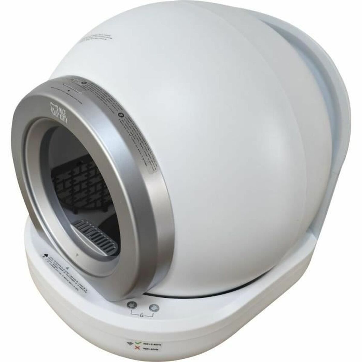 Eine weiße, eiförmige automatische Katzentoilette mit silbernem Rand und Boden, versehen mit WLAN-Details.