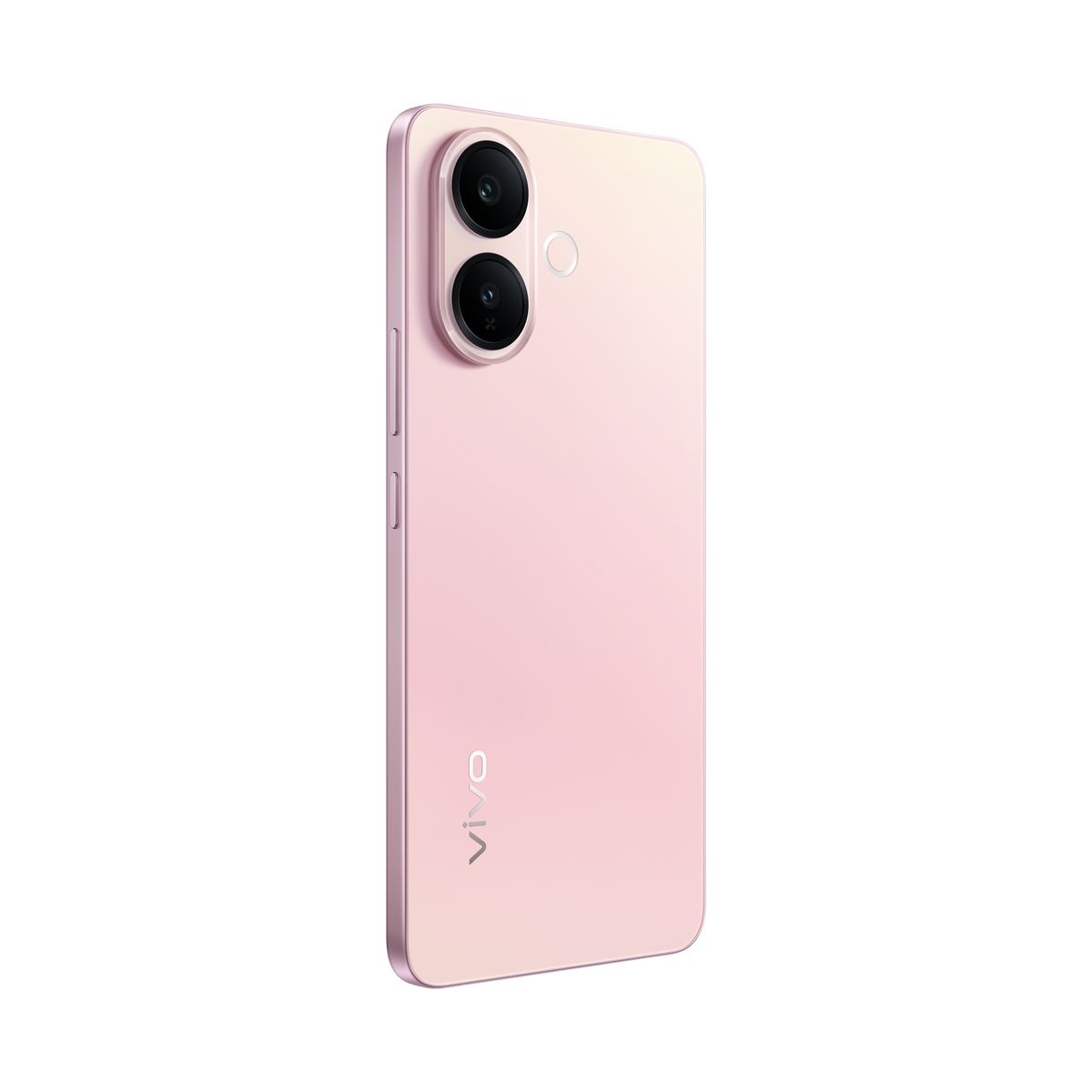 Różowy smartfon z dwoma aparatami. Telefon ma zakrzywioną konstrukcję, a logo Vivo jest widoczne.