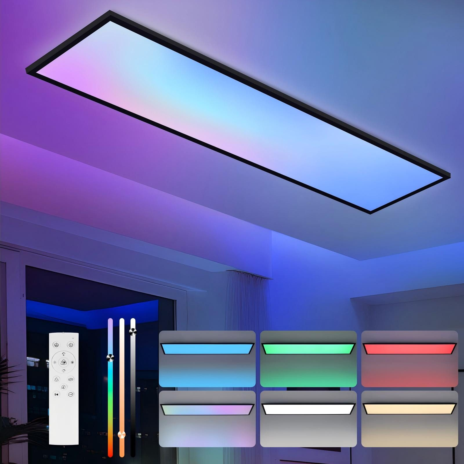 Plafoniera a LED rettangolare con opzioni di cambio colore. Include un telecomando, cursori e diversi display luminosi. La stanza è illuminata delicatamente.