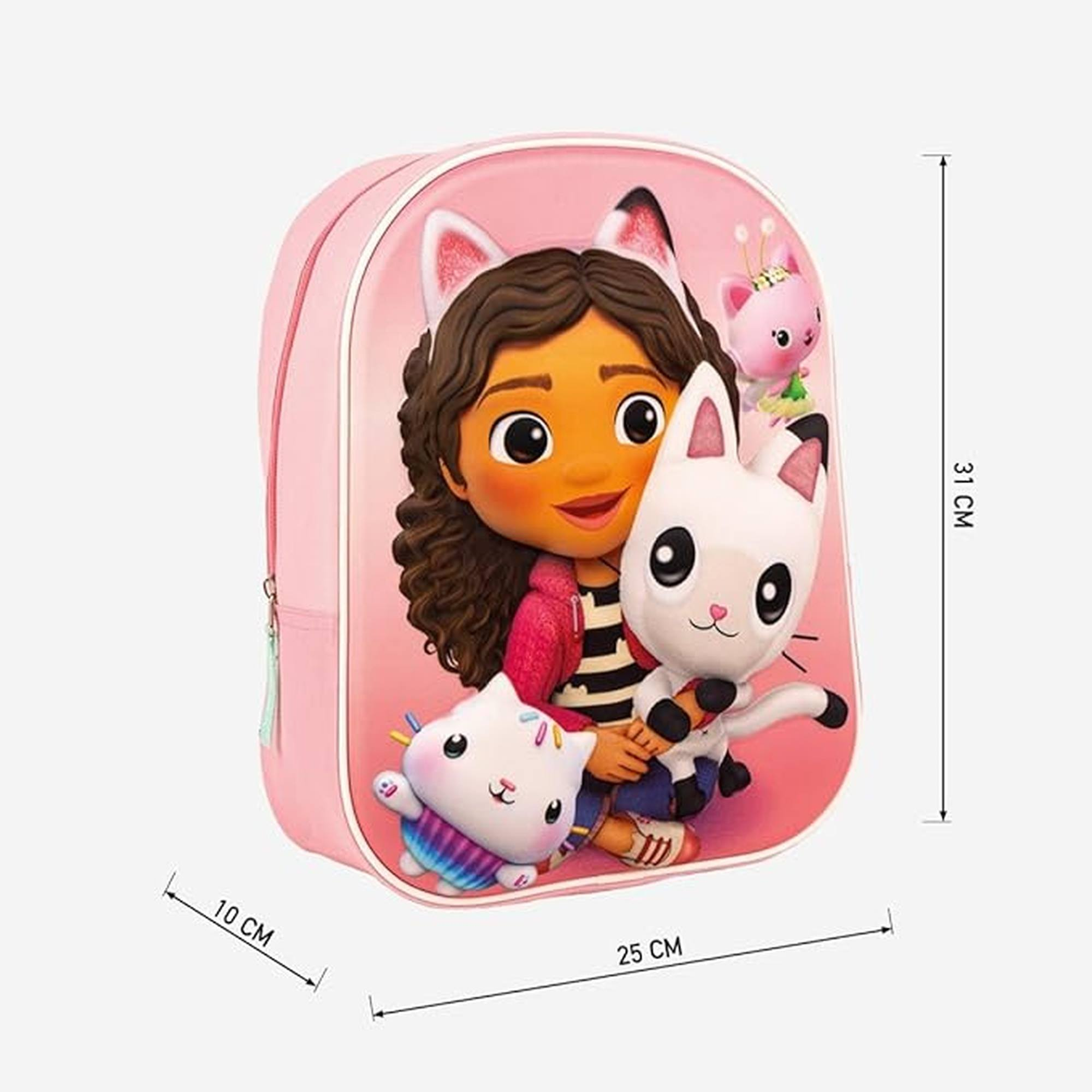 Mochila rosa con dibujos animados de niña y gatos. Dimensiones: 31cm x 25cm x 10cm. Fondo blanco.