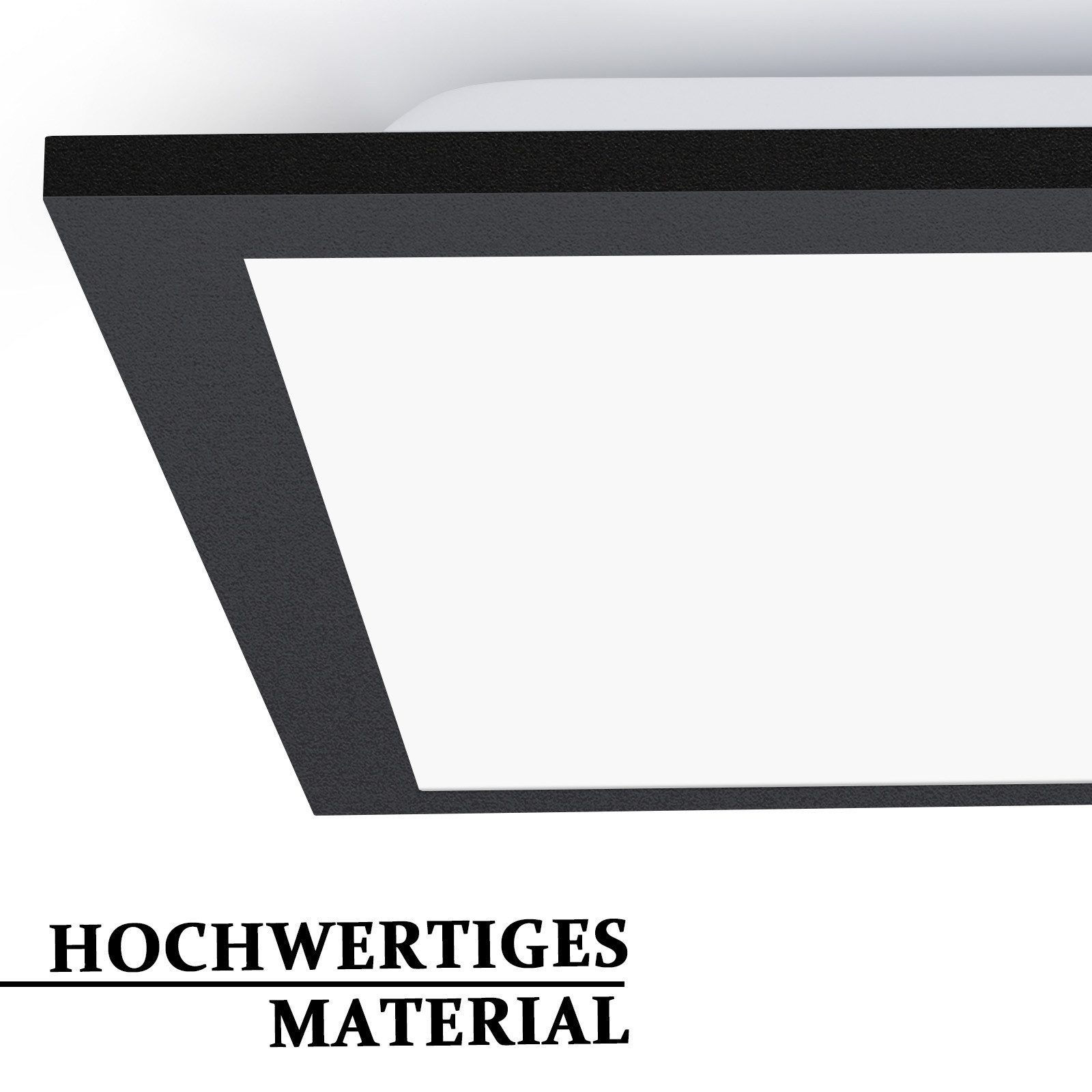 Primo piano di una cornice nera rettangolare con interno bianco. Il testo 'HOCHWERTIGES MATERIAL' è in basso.