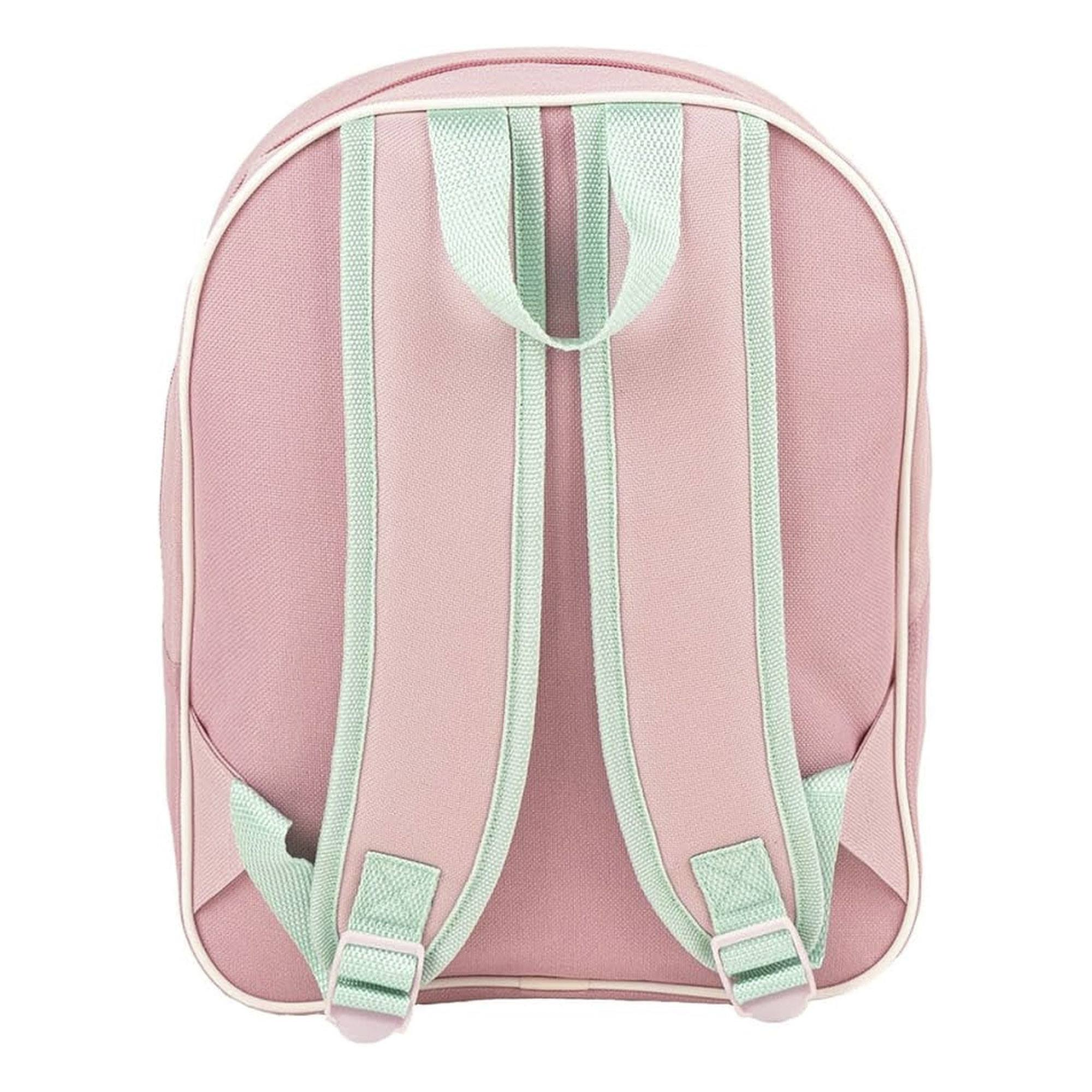 Mochila rosa con correas verdes y ribete blanco. La bolsa está sobre un fondo blanco.