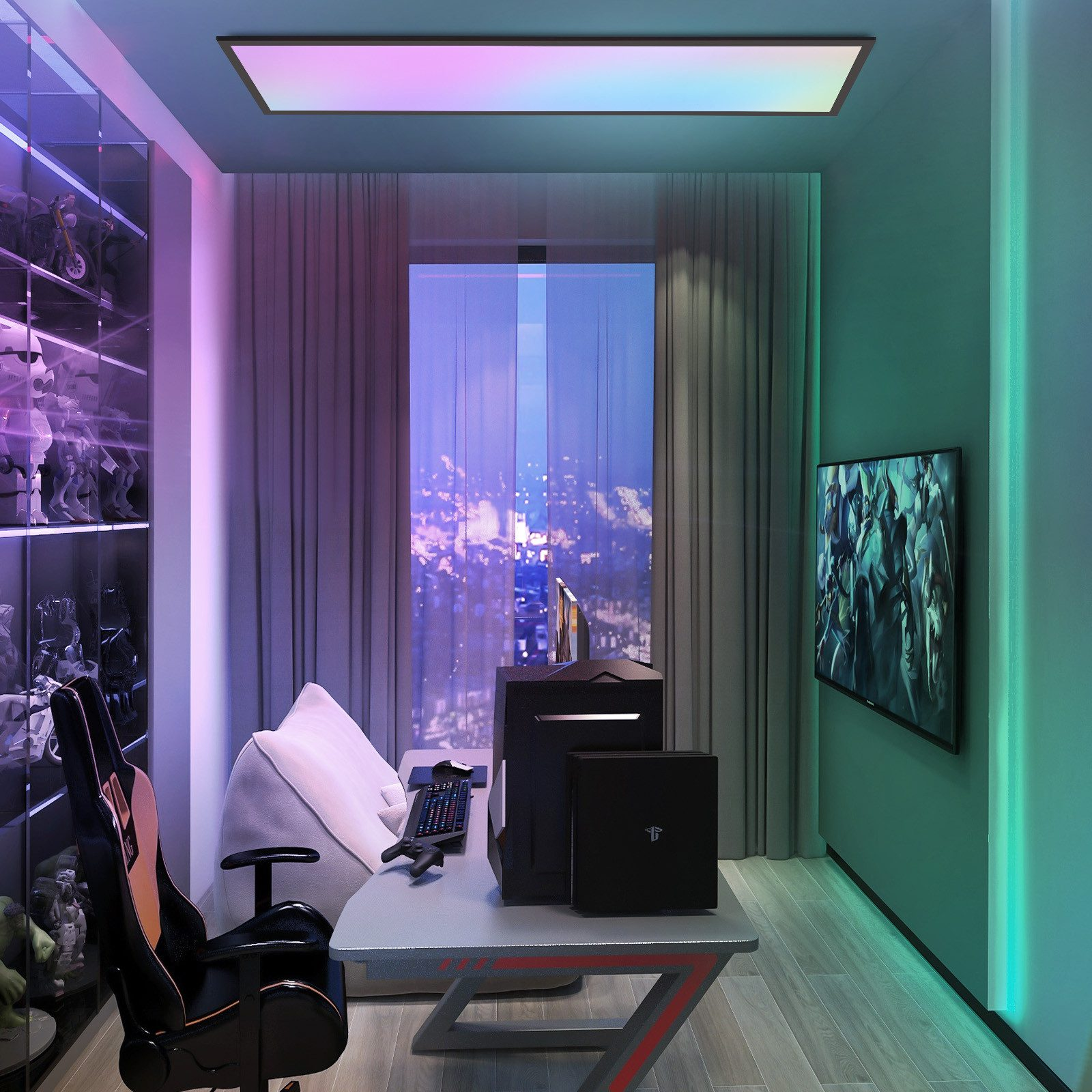 Stanza giochi con computer, sedia, pouf e TV. Vista sulla città dalla finestra. Illuminazione al neon.