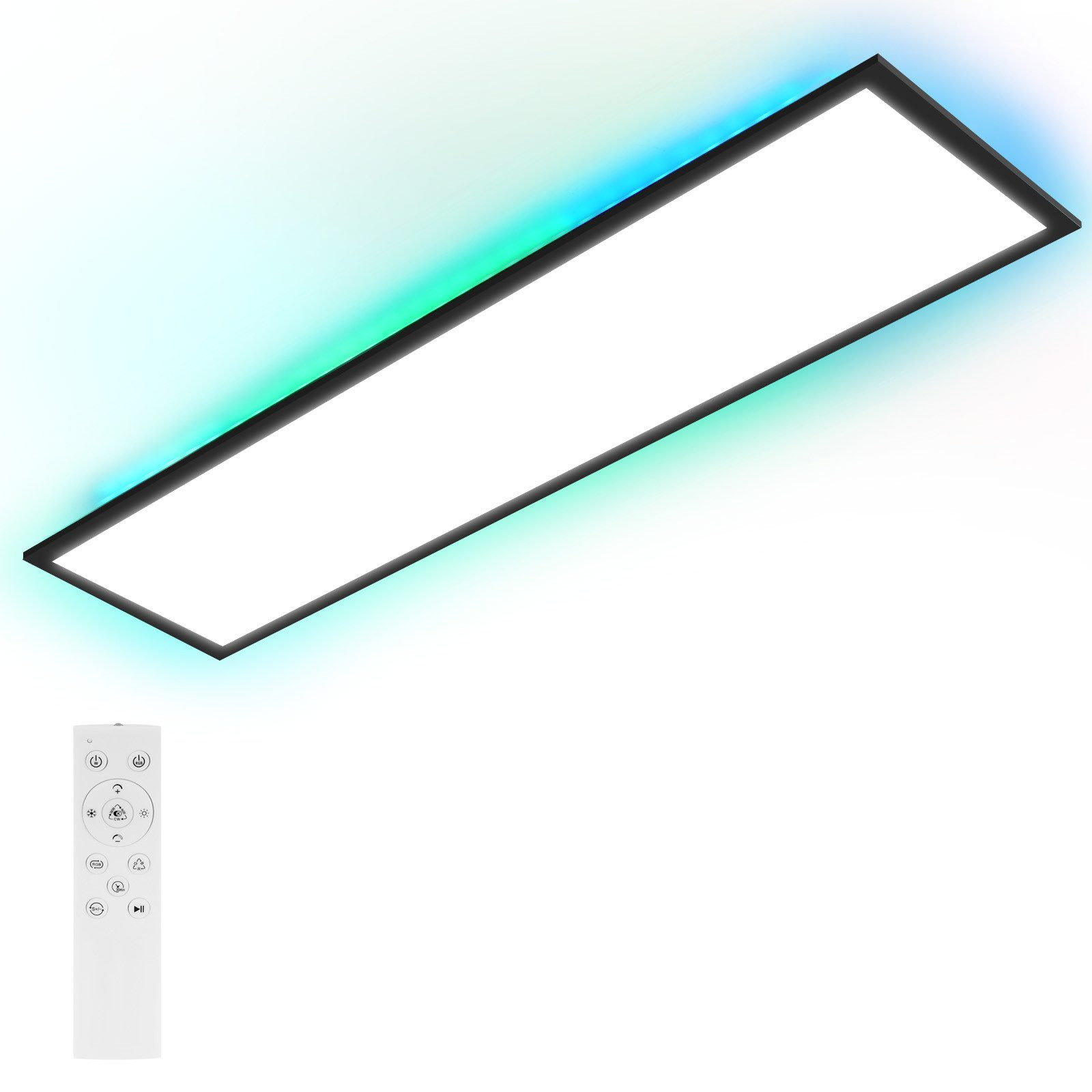 Una luce LED rettangolare con cornice nera, che emette luce bianca. Un telecomando è in basso a sinistra.