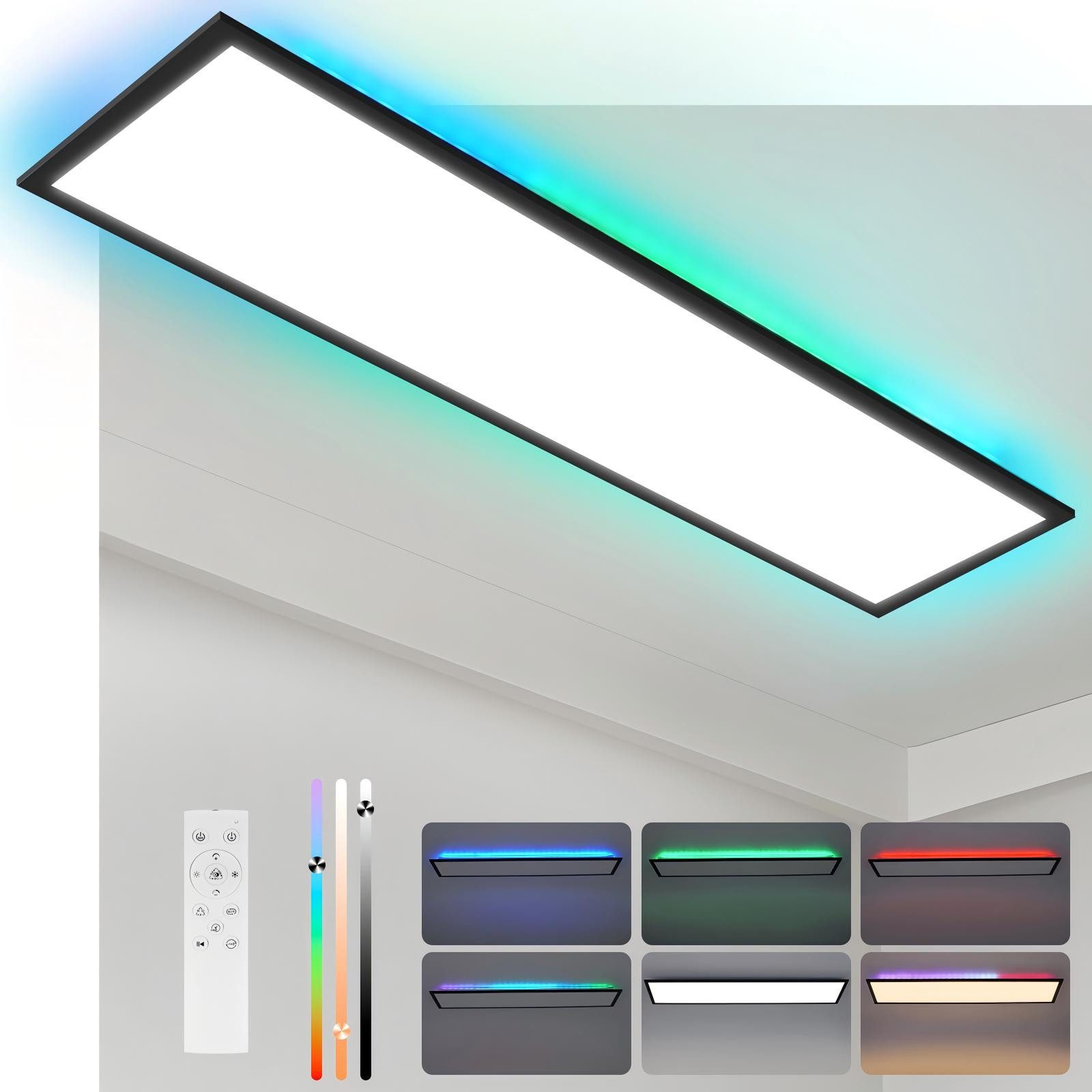Una plafoniera rettangolare con cornice nera, che emette vari colori. Sono mostrati anche un telecomando e campioni di colore.
