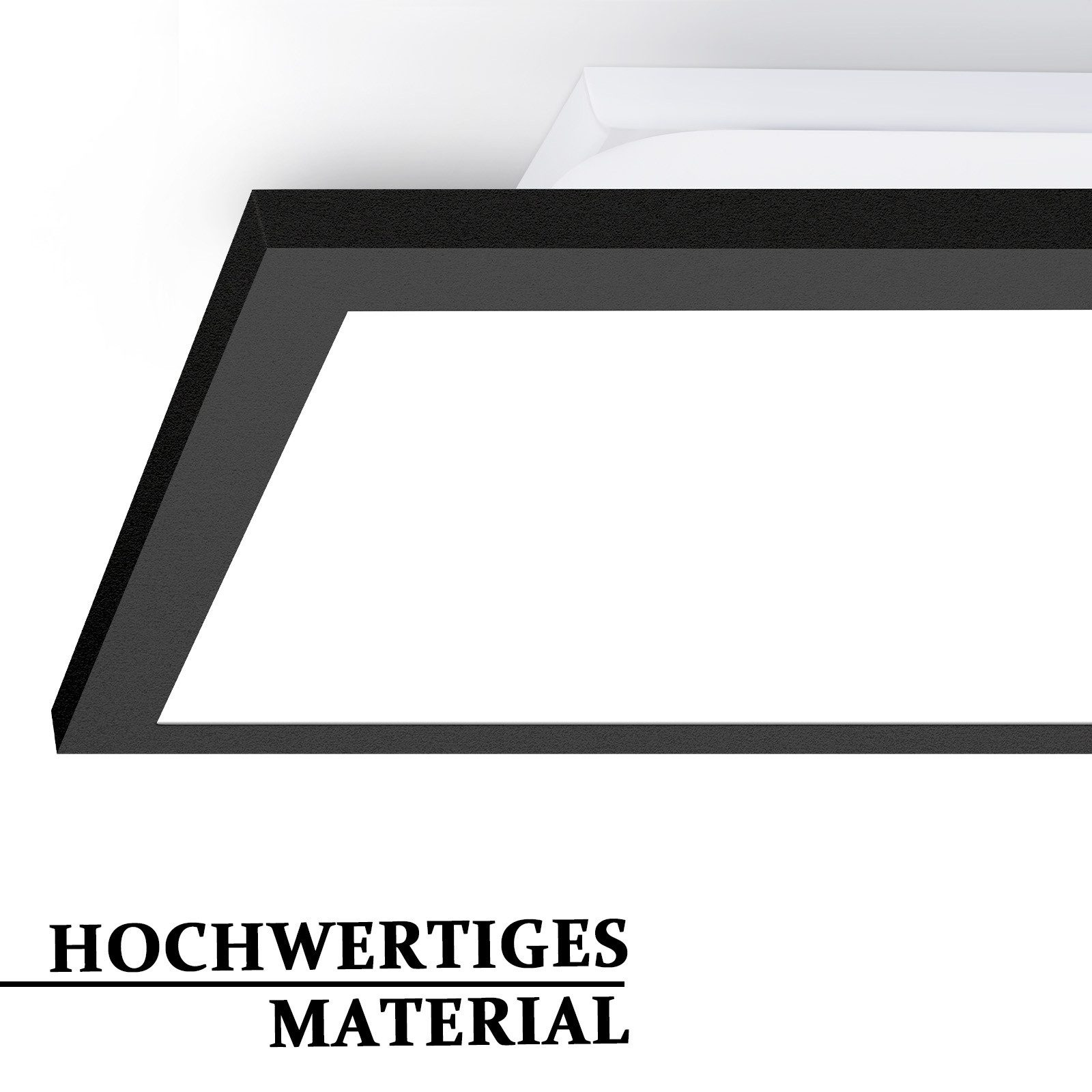 Una cornice nera, angolata in alto a sinistra, con interno bianco. Il testo "HOCHWERTIGES MATERIAL" è in basso.