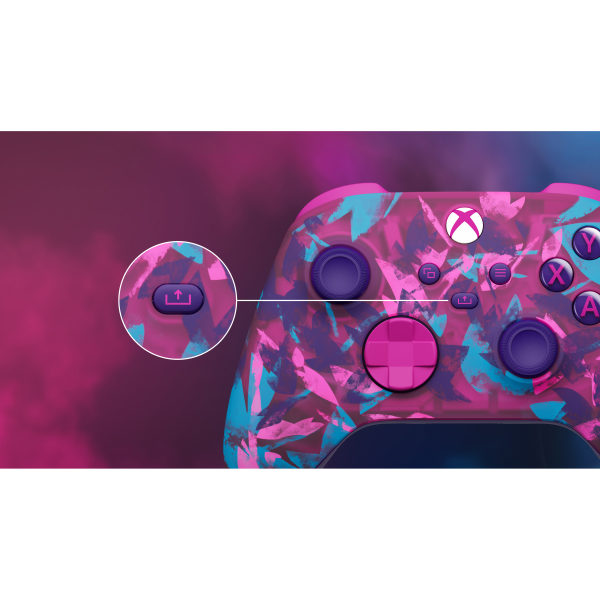 Kontroler Xbox z różowo-niebieskim abstrakcyjnym wzorem. Fioletowe przyciski i joysticki. Białe logo Xbox. Powiększony szczegół przycisku przesyłania.