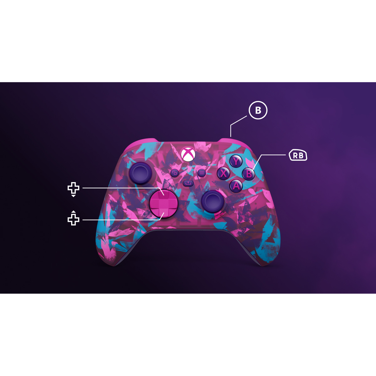 Kontroler Xbox z różowym, niebieskim i fioletowym kwiatowym wzorem. Przyciski z etykietami B, Y, X, A, RB i pad kierunkowy. Widoczne logo Xbox.