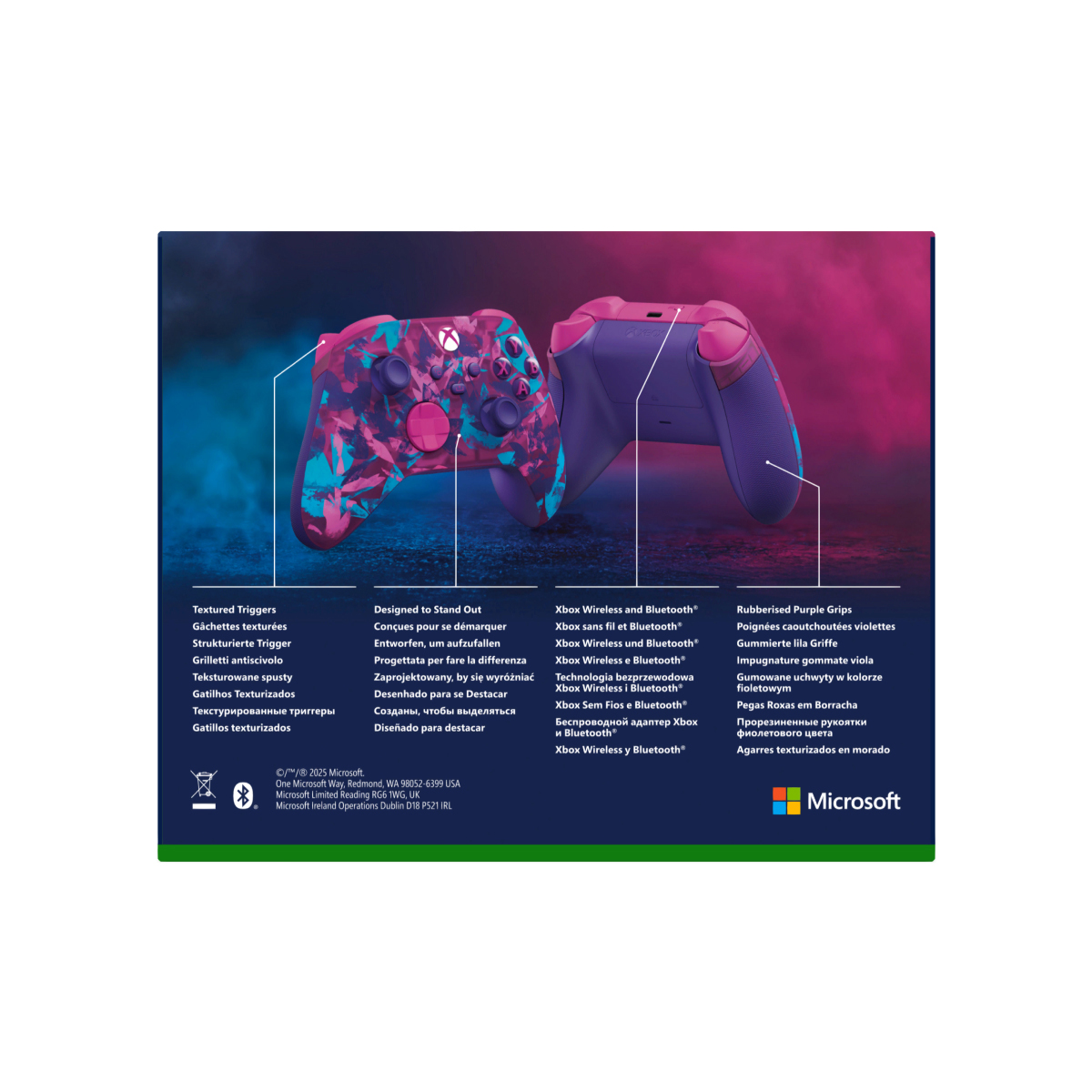 Kontroler Xbox z fioletowo-różowym kwiatowym wzorem. Znajduje się na zielonym tle z tekstem i logo Microsoft.