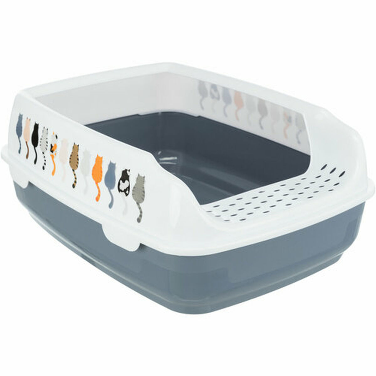 Eine grau-weiße Katzentoilette mit Katzensilhouetten. Der Boden ist grau, der Rand weiß mit Katzendesigns und die Innenseite dunkelgrau.