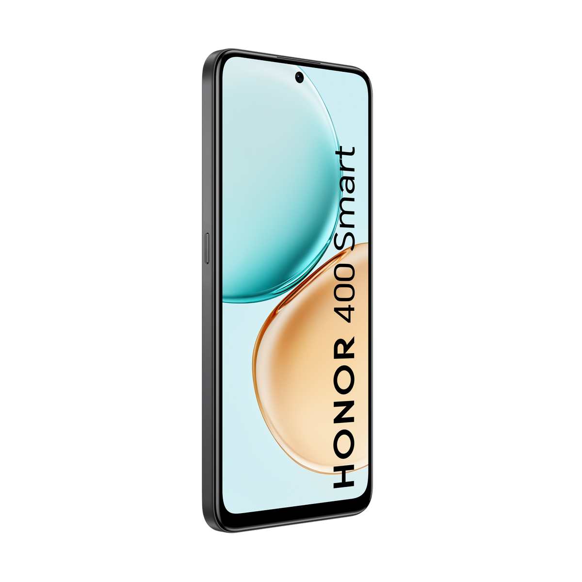 Uno smartphone con una sfumatura turchese e oro sullo schermo. Il telefono è nero e angolato, con 'HONOR 400 Smart'.