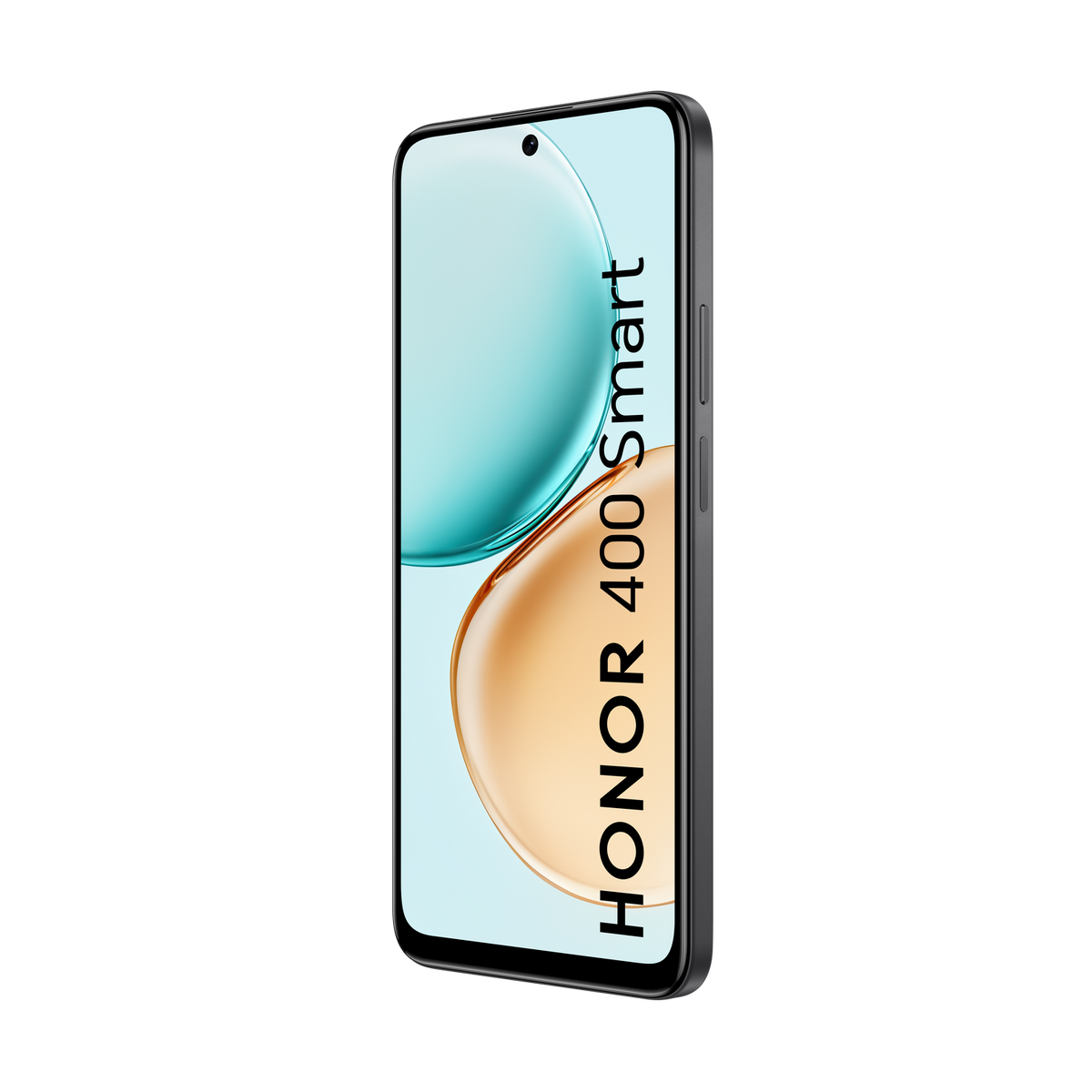 Uno smartphone con uno schermo che mostra forme curve blu e arancioni. Il telefono è nero con il testo 'HONOR 400 Smart'.