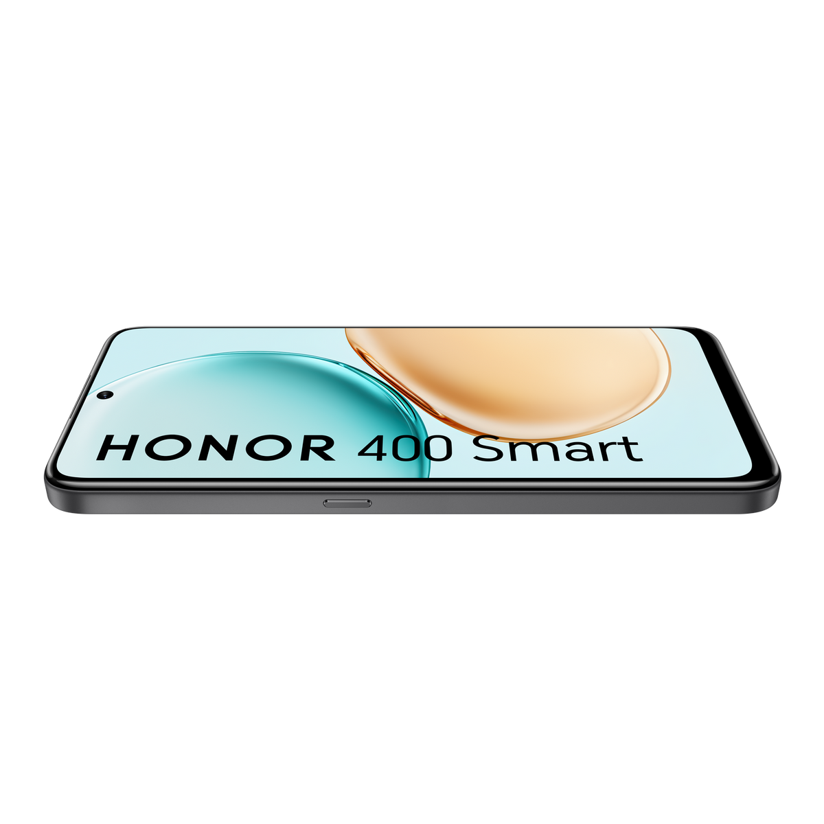 Uno smartphone con la scritta 'HONOR 400 Smart' sullo schermo. Lo schermo mostra una sfumatura blu e oro su sfondo nero.