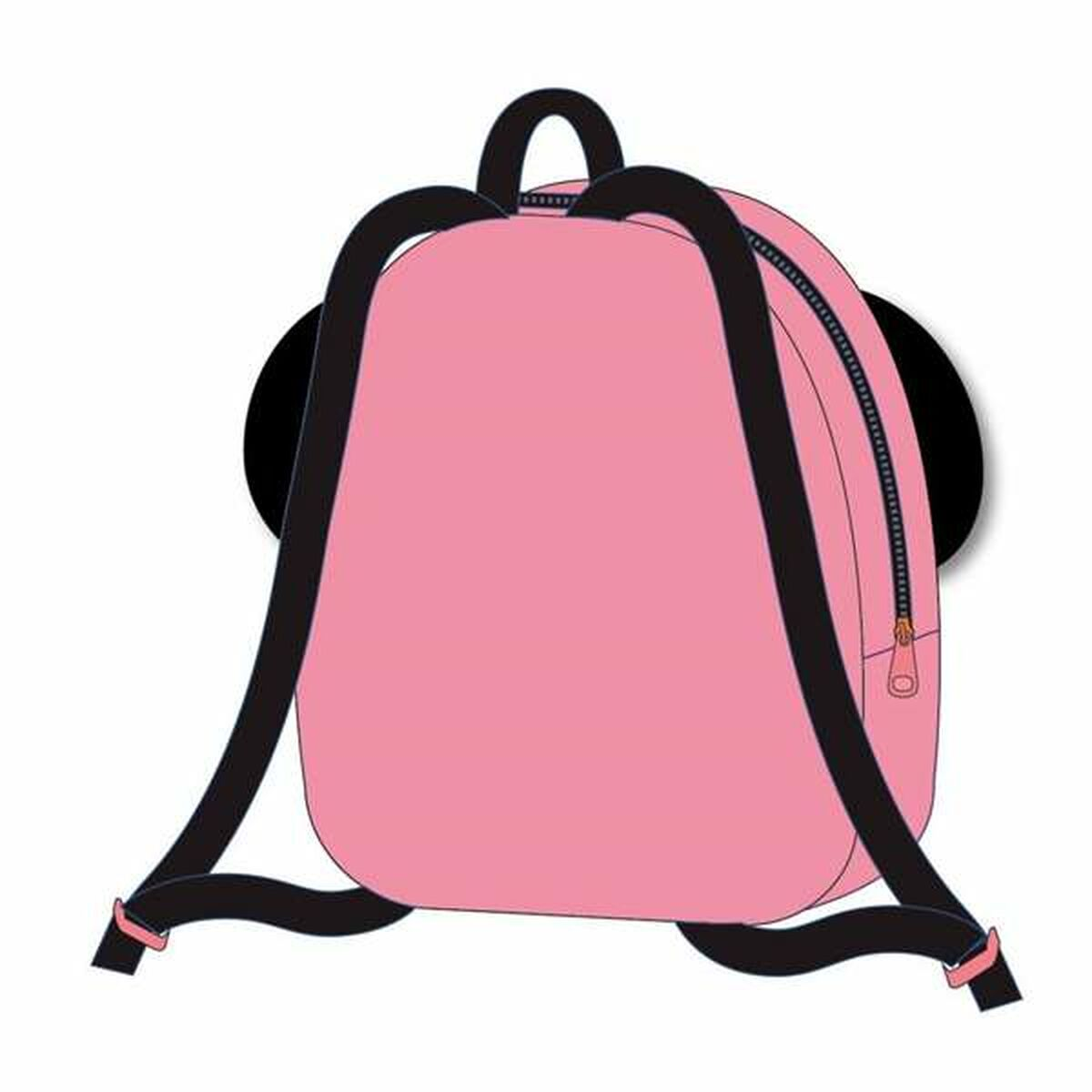 Una mochila rosa con correas negras y cremallera. La mochila tiene formas redondas negras a ambos lados, posiblemente orejas.