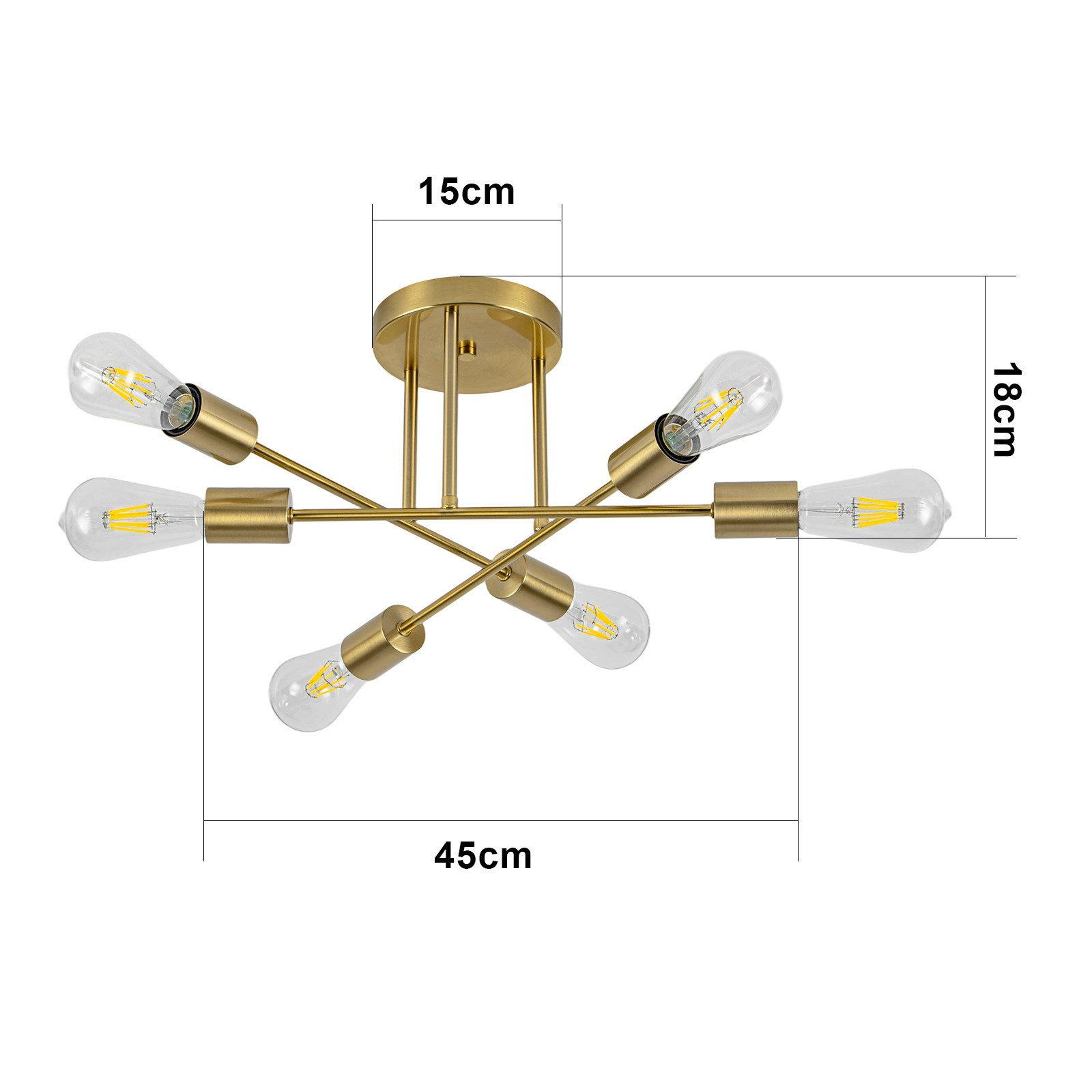 Lampa sufitowa z sześcioma odsłoniętymi żarówkami. Złoty kolor. Wymiary: 45 cm szerokości, 18 cm wysokości, a część centralna 15 cm.