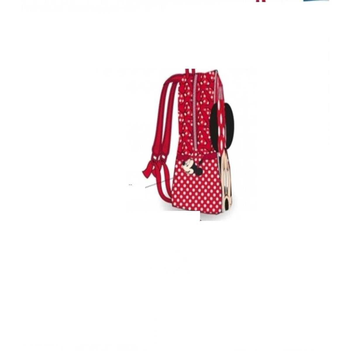Una mochila roja con lunares blancos presenta a Minnie Mouse. Tiene correas rojas y cremallera. El fondo es blanco.