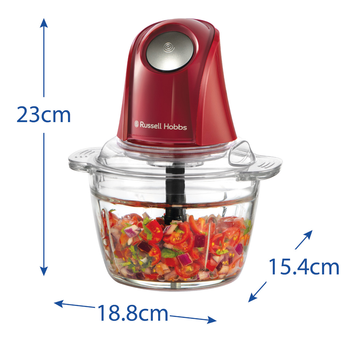 Ein roter Russell Hobbs Zerkleinerer mit einer Glasschüssel mit gehacktem Gemüse. Abmessungen sind auf dem Bild angegeben.
