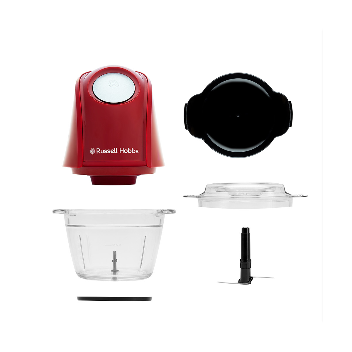 Zerlegter roter Russell Hobbs-Küchenmixer mit Teilen wie schwarzem Deckel, klarer Schüssel und Klinge auf weißem Hintergrund.
