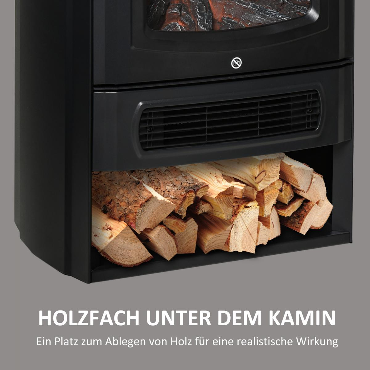Ein schwarzer Elektrokamin mit einem Holzfach, gefüllt mit geschnittenen Holzscheiten. Oben ist ein simulierter Flammeneffekt.