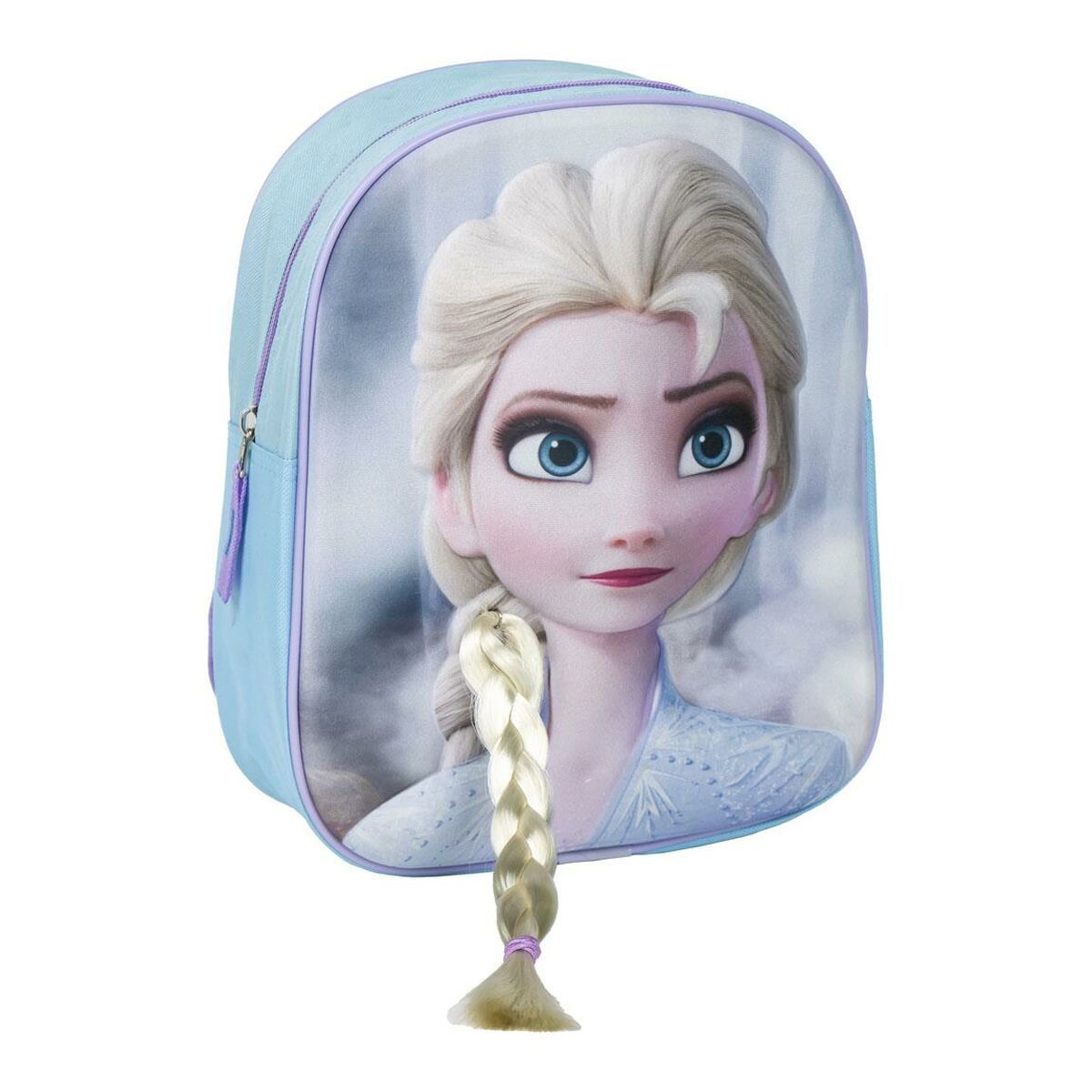 Ein hellblauer Rucksack mit Elsa aus Frozen darauf. Elsa hat blondes Haar in einem Zopf und schaut den Betrachter an.
