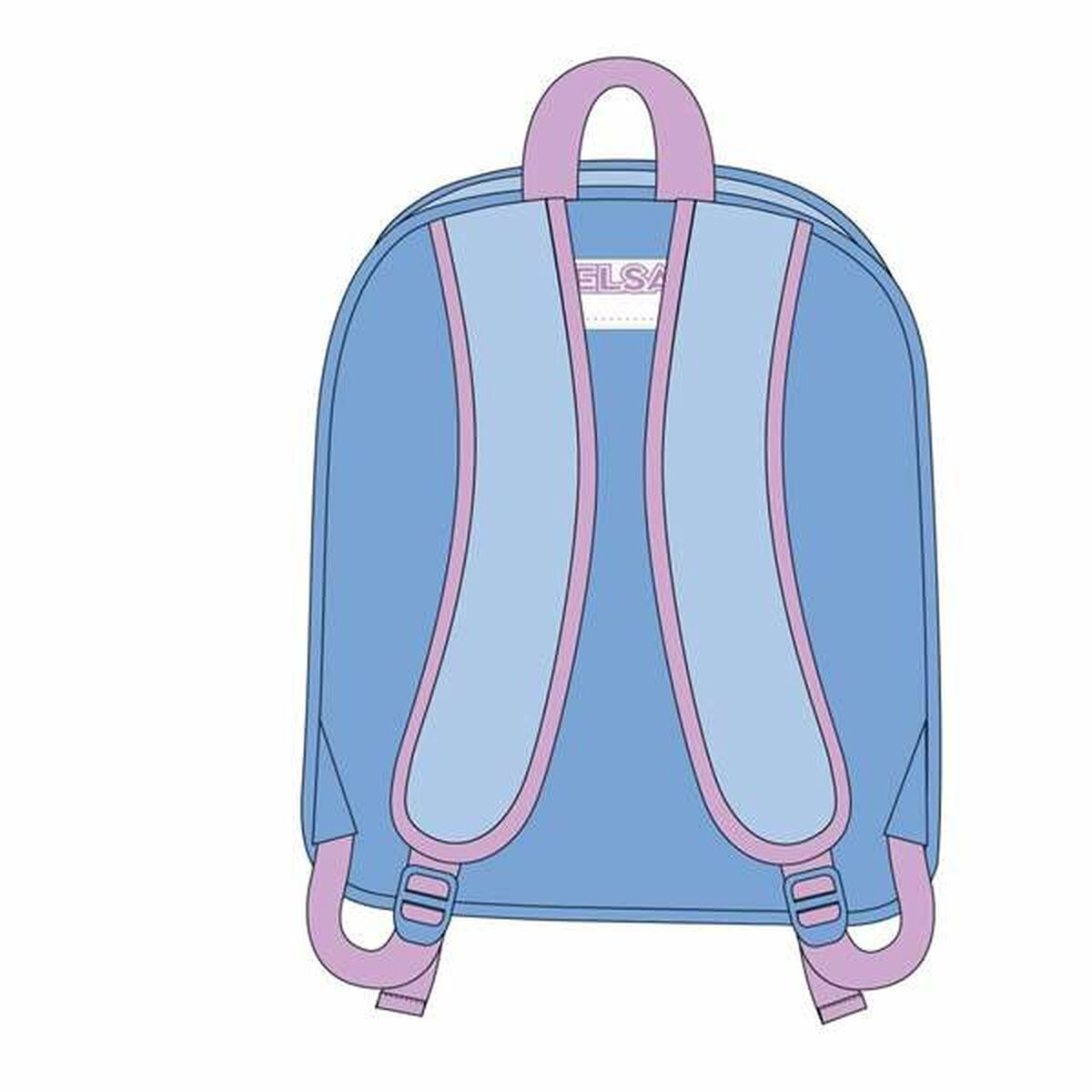 Ein blauer Rucksack mit hellblauen Trägern und rosa Kanten. Er hat einen rosa Griff und das Wort 'ELSA'. Der Hintergrund ist weiß.