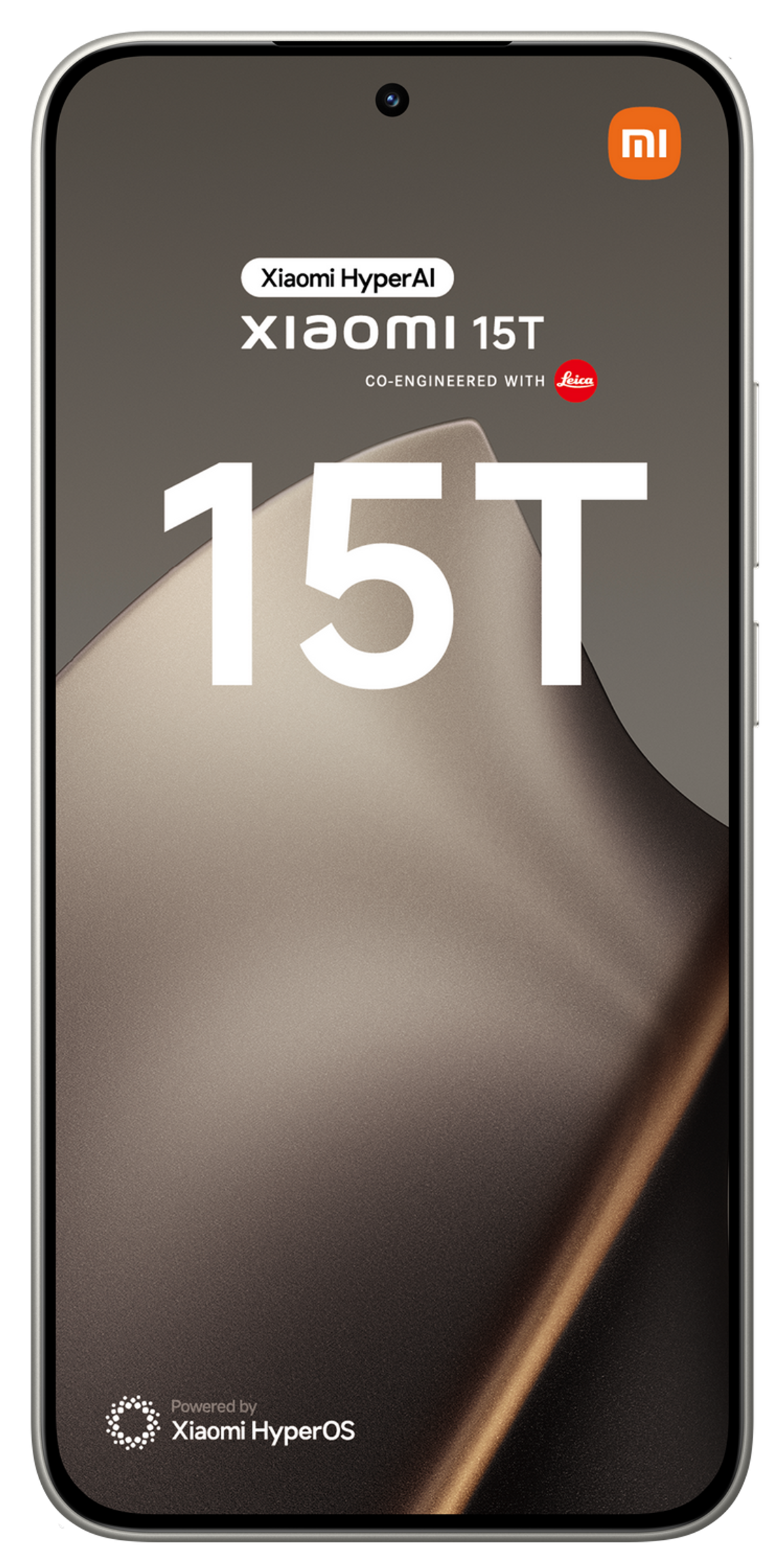 Ekran smartfona wyświetlający Xiaomi 15T. Zawiera logo, tekst i abstrakcyjne tło.