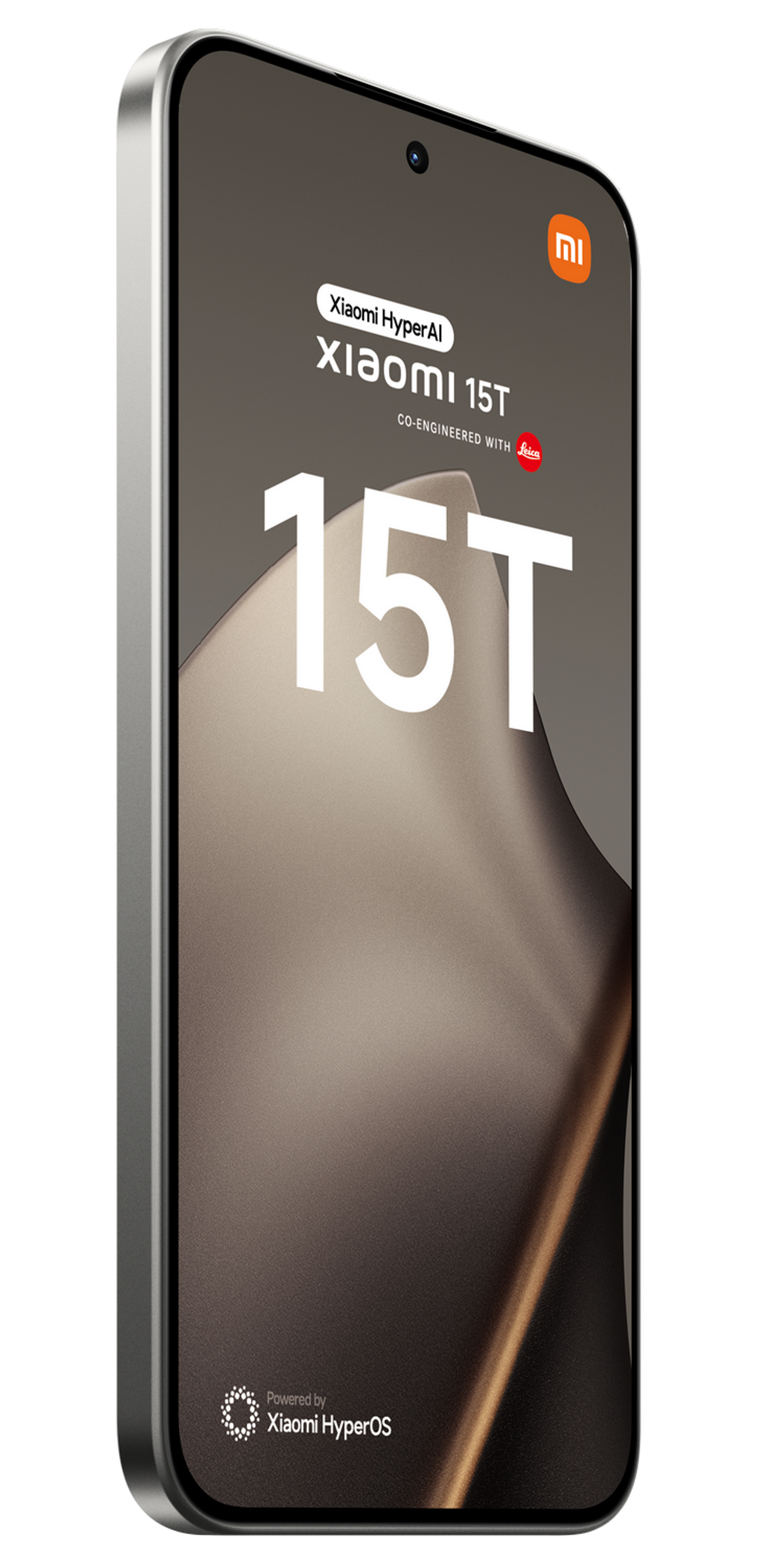 Smartfon ze srebrną ramką. Ekran wyświetla logo Xiaomi 15T, markę Leica i gradientowe tło.