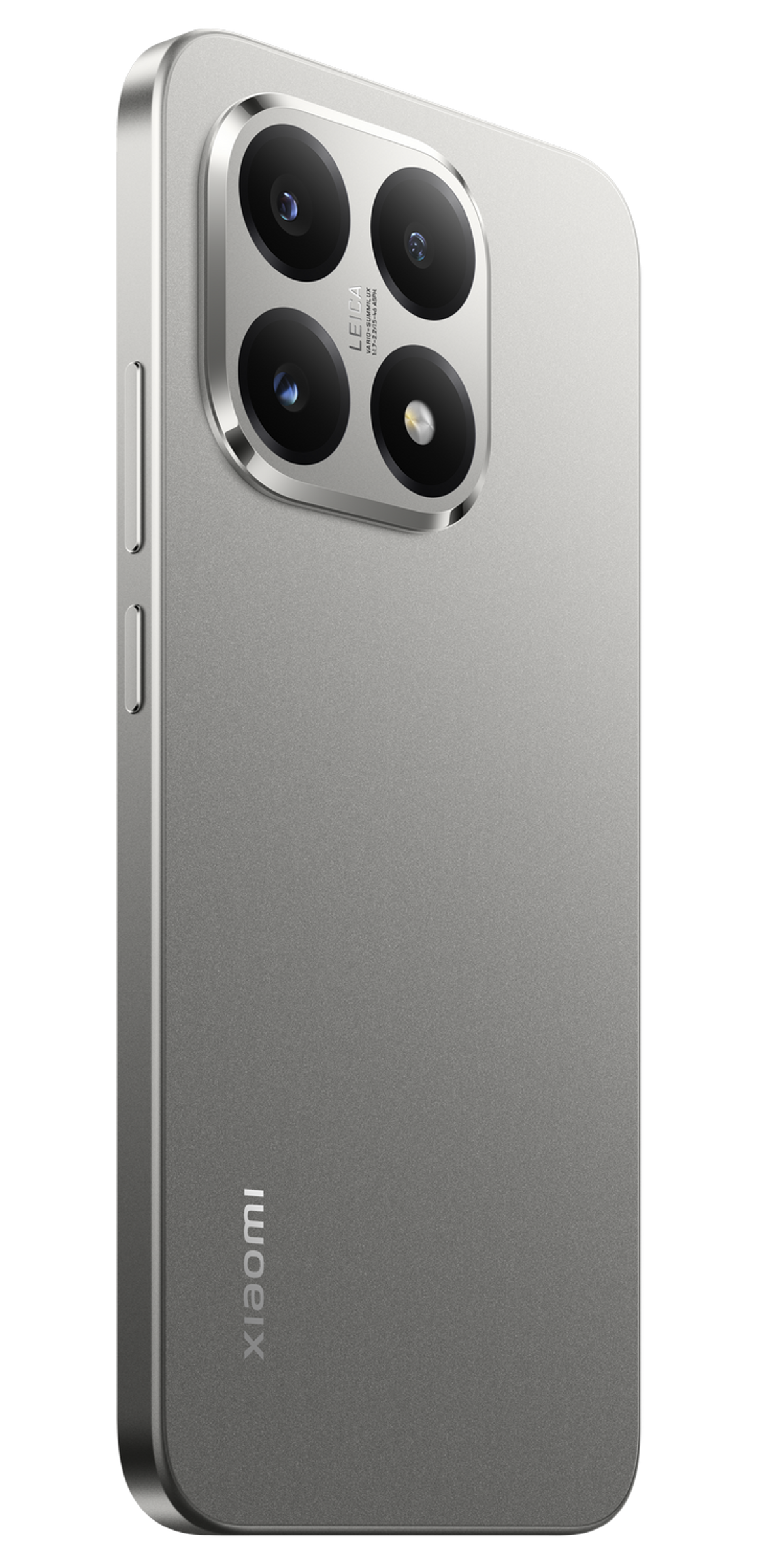 Srebrny smartfon z czterema obiektywami i logo Leica. Logo Xiaomi z tyłu. Czarne tło.