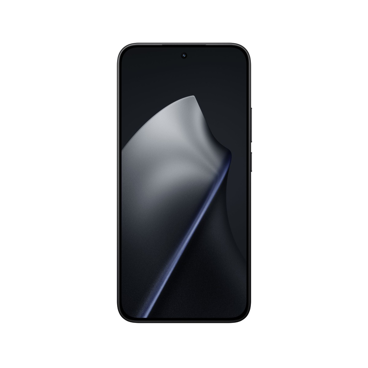 Czarny smartfon z ciemnym ekranem, wyświetlającym falisty, abstrakcyjny wzór. Telefon znajduje się na białym tle.