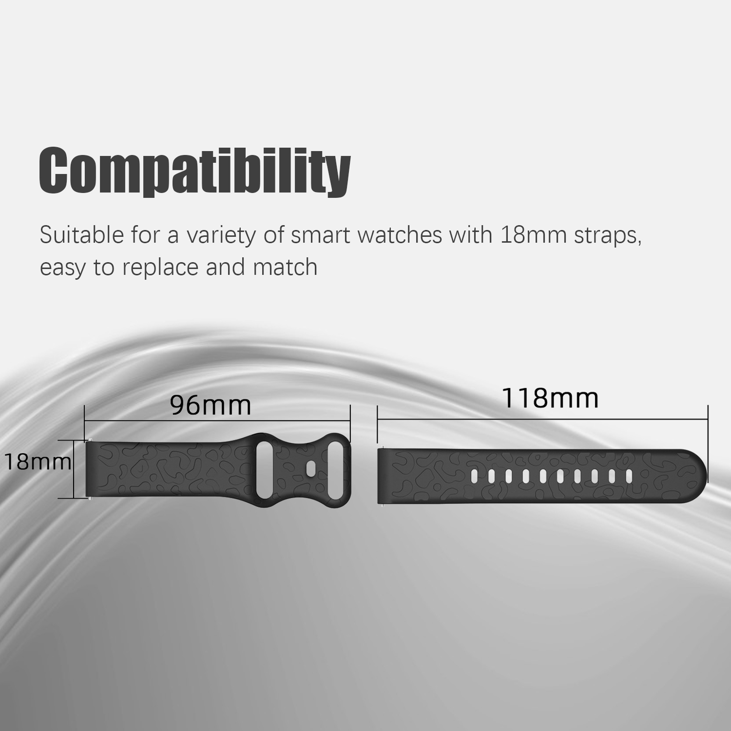 Obrazek przedstawia czarny pasek do zegarka z wymiarami. Tekst u góry brzmi 'Kompatybilność'. Tło to jasnoszary gradient.