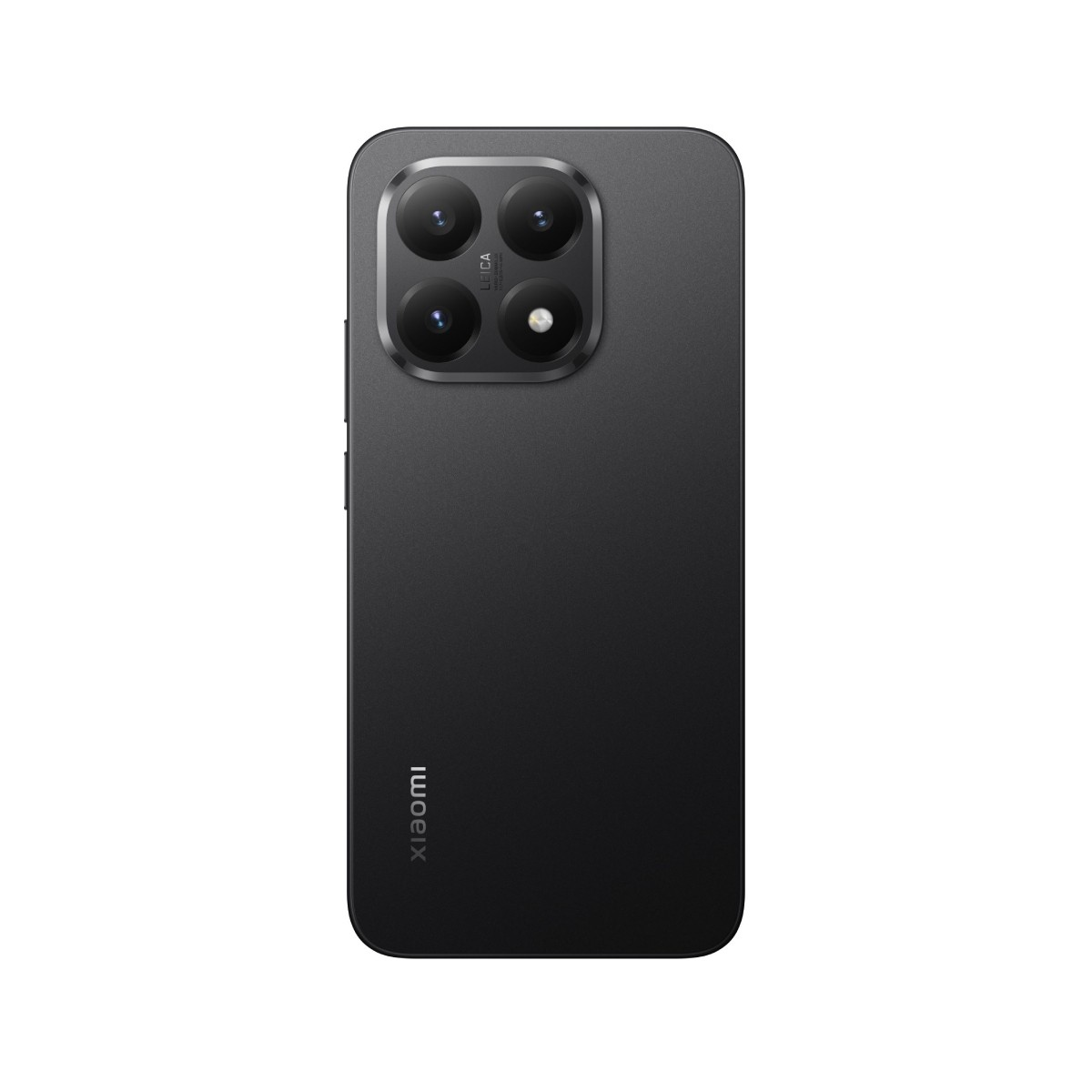 Czarny tył smartfona z czterema obiektywami i logo Leica. Logo Xiaomi na dole. Tło jest białe.