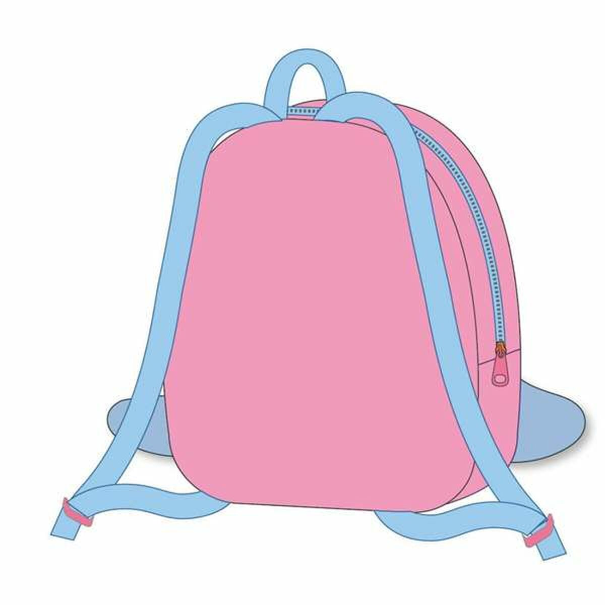 Mochila rosa con correas y cremallera azul claro. La bolsa tiene forma redondeada y se ve desde atrás.