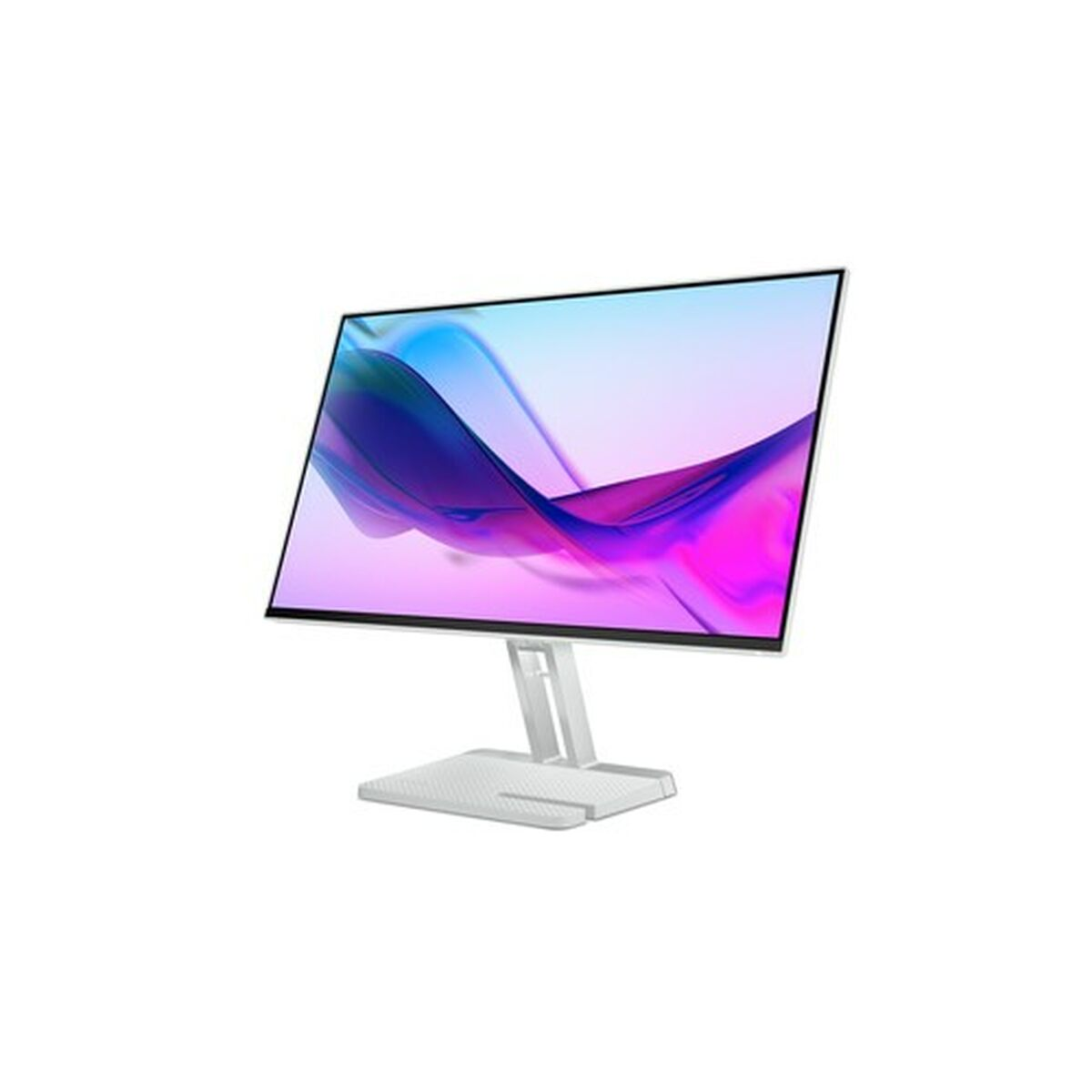 Un monitor de computadora con marco y soporte blancos. La pantalla muestra una imagen abstracta colorida sobre un fondo blanco.