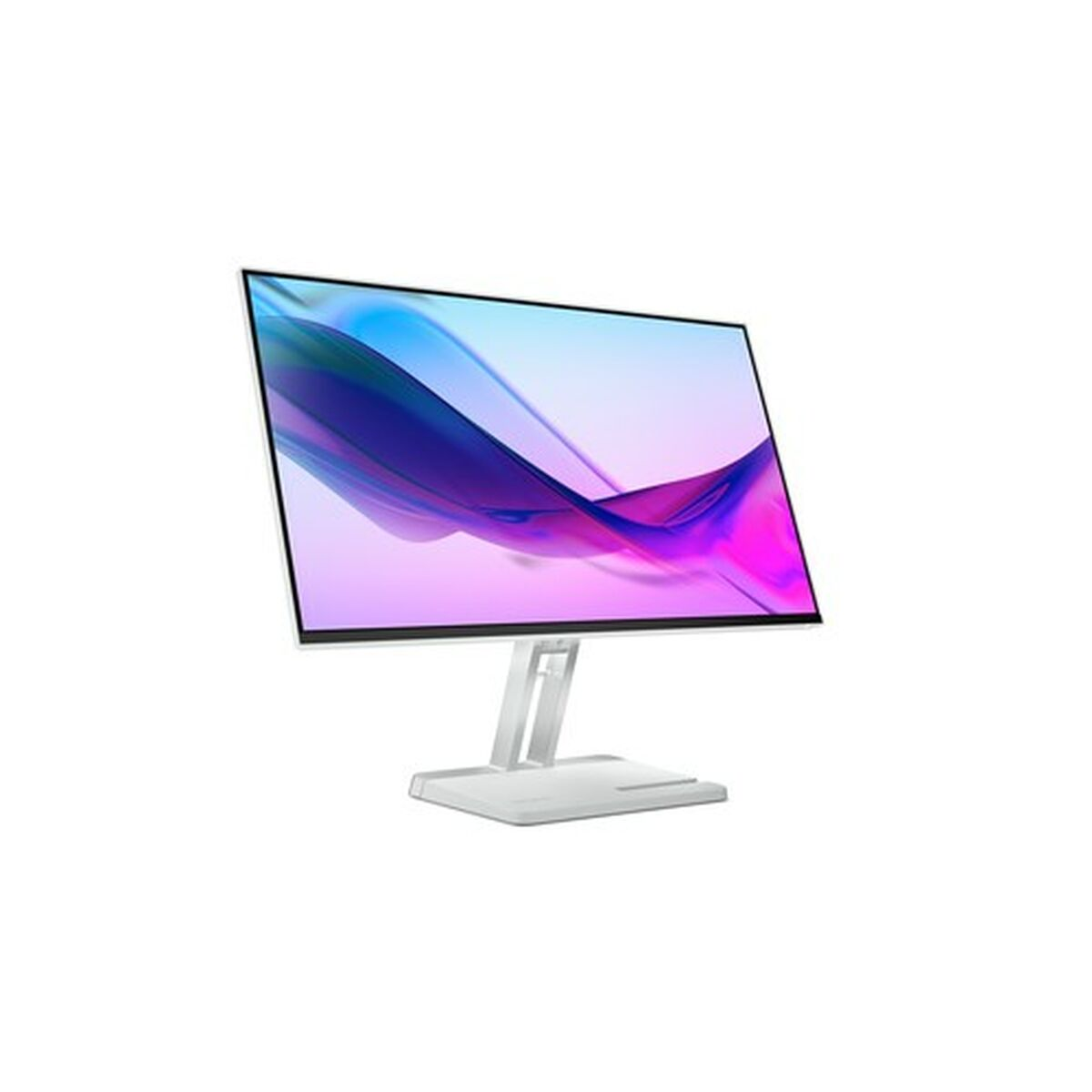 Un monitor de computadora plateado con marco blanco muestra un gráfico abstracto colorido. El monitor está sobre un soporte blanco.
