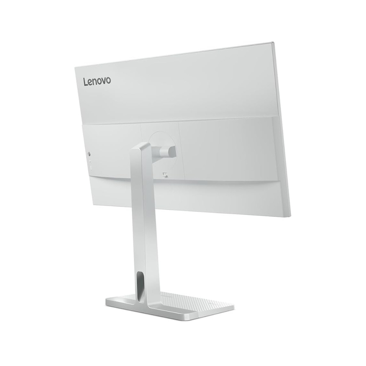 Vista trasera de un monitor Lenovo blanco. Tiene un soporte y base plateados. La pantalla está inclinada hacia atrás.